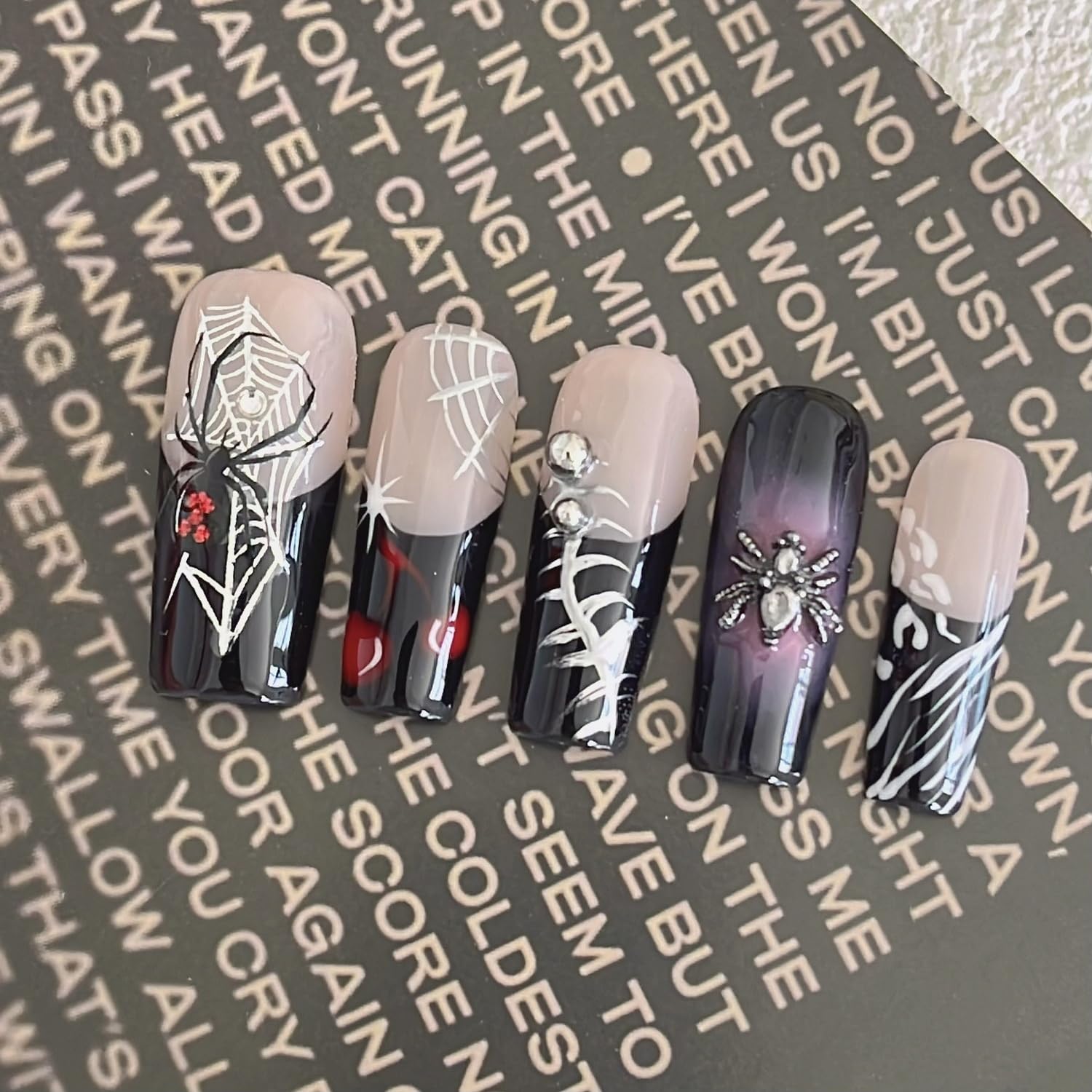 Handmade Spider Web & Spider Halloween Press-On Nails – Black French Tip, Long Square (10pcs)