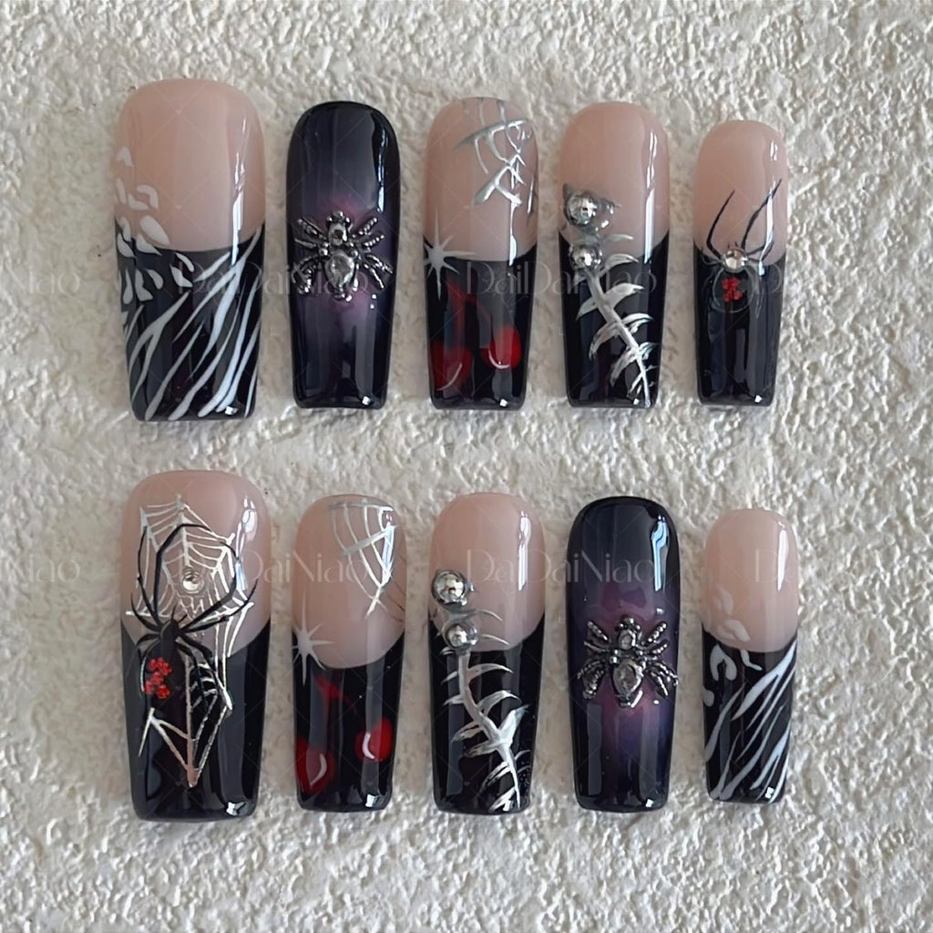 Handmade Spider Web & Spider Halloween Press-On Nails – Black French Tip, Long Square (10pcs)
