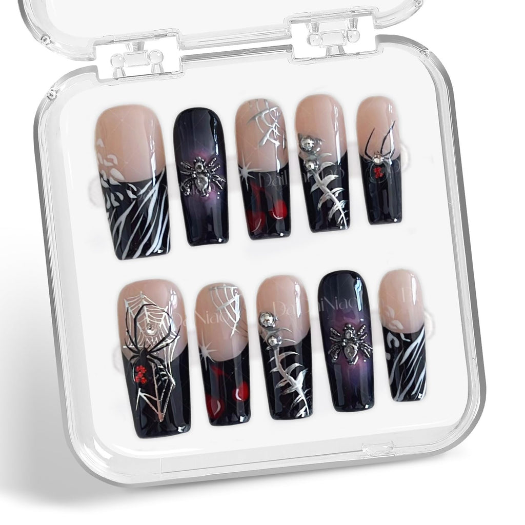 Handmade Spider Web & Spider Halloween Press-On Nails – Black French Tip, Long Square (10pcs)