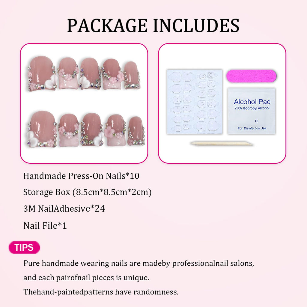 Handmade Press-On Nails | Short Square 3D Floral Pink French Tip with Rhinestones (10pcs)