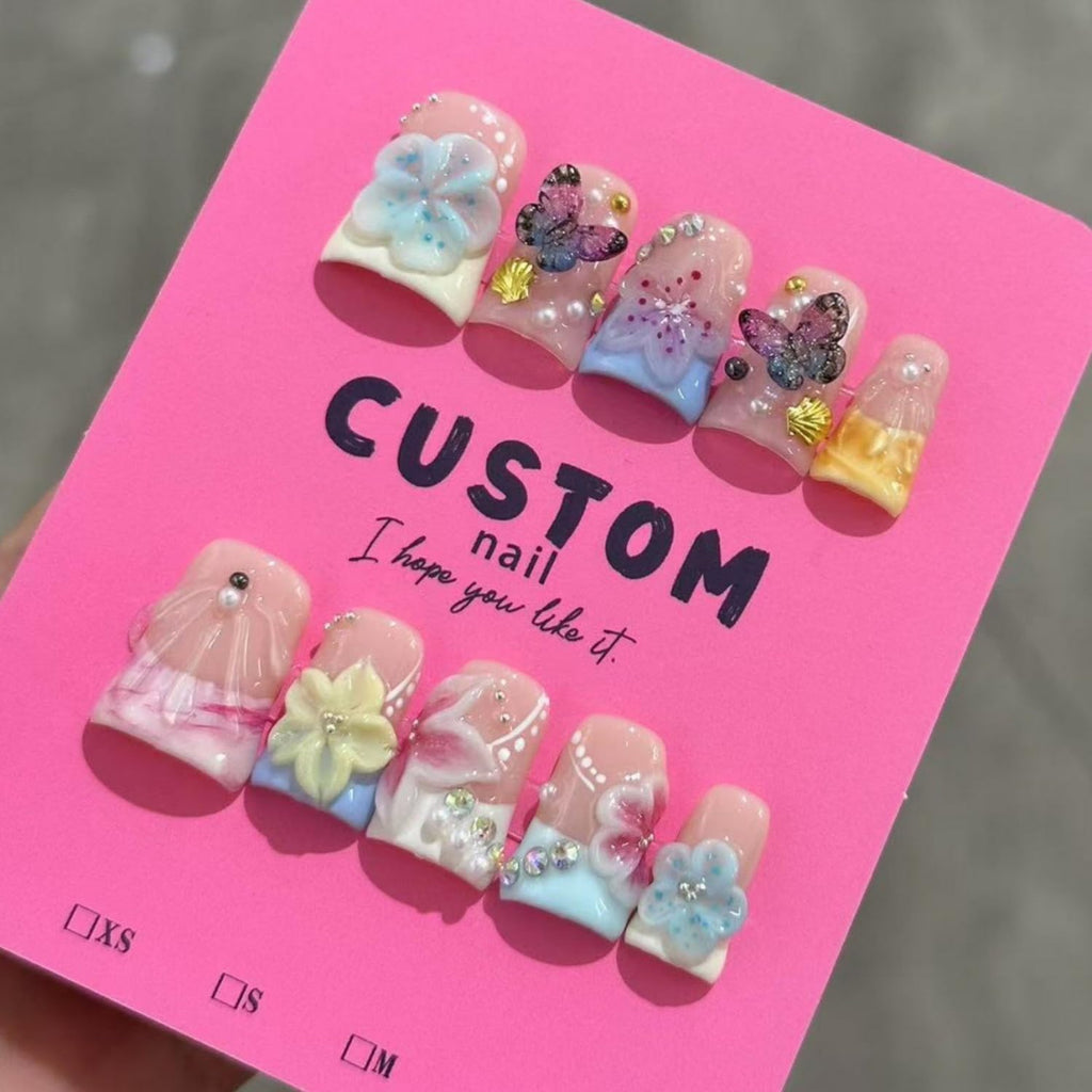 Butterfly & Flower Duck-Shaped Press-On Nails – Short Pearl Colorful Acrylic, Full Cover, Reusable | Size S
