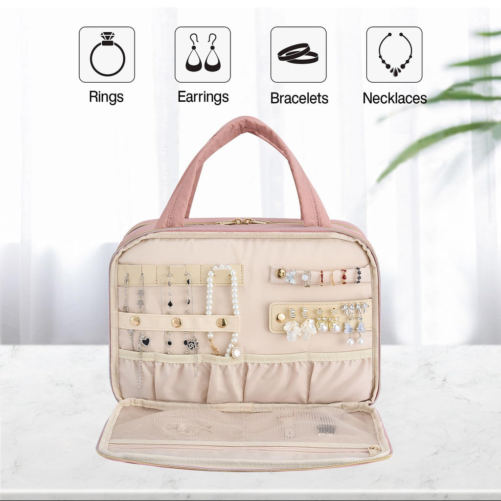 Hanke Hanging Travel Toiletry Bag for Women with Jewelry Organizer – 9.8L, Water-Resistant, Pink