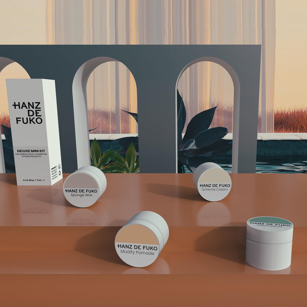 Hanz de Fuko Deluxe Hair Care Kit – 4 Travel Size Stylers: Claymation, Sponge Wax, Modify Pomade, Scheme Cream