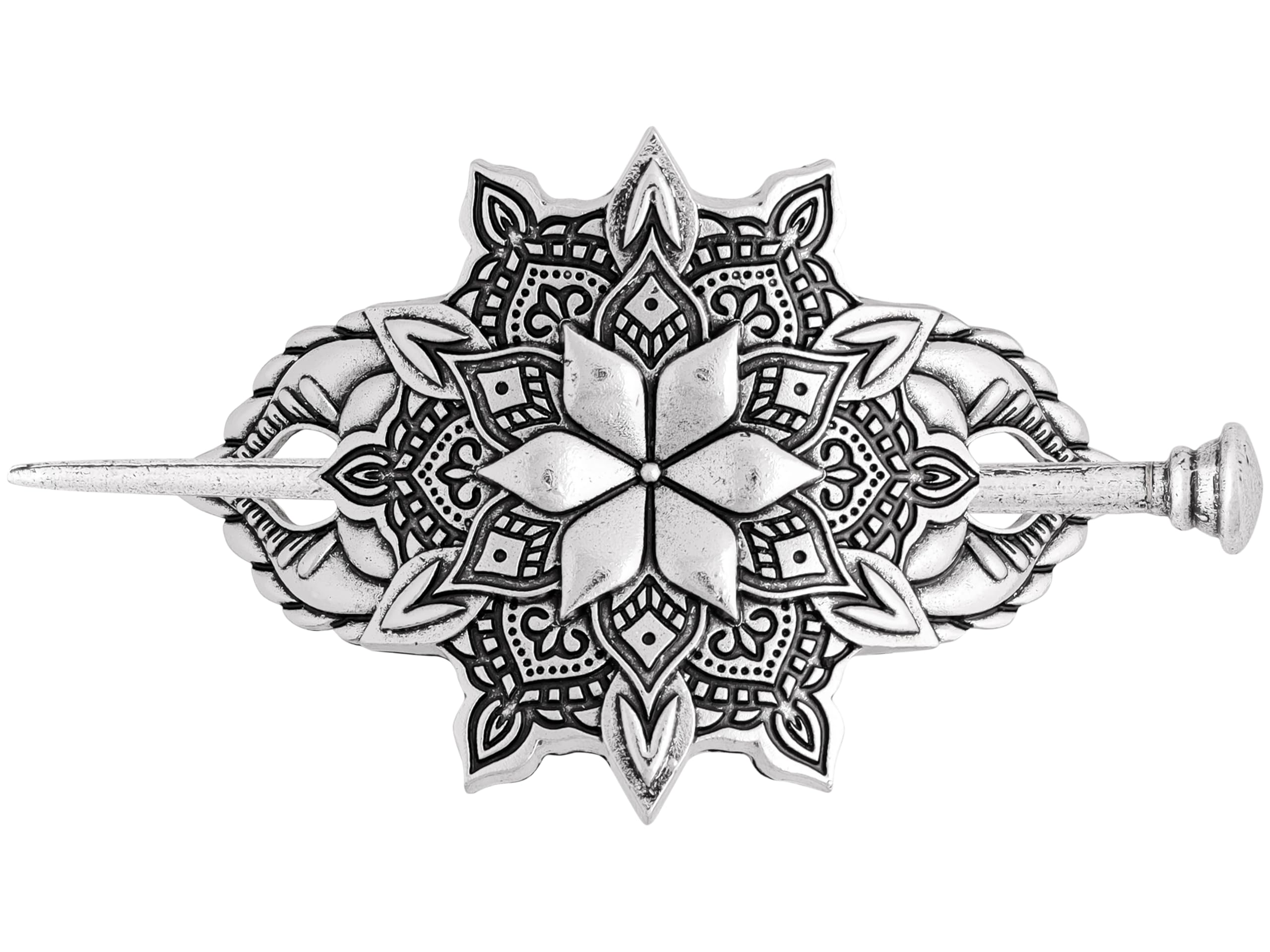 HAQUIL Mandala Flower Hairpin – Vintage Silver Hair Barrette for Women