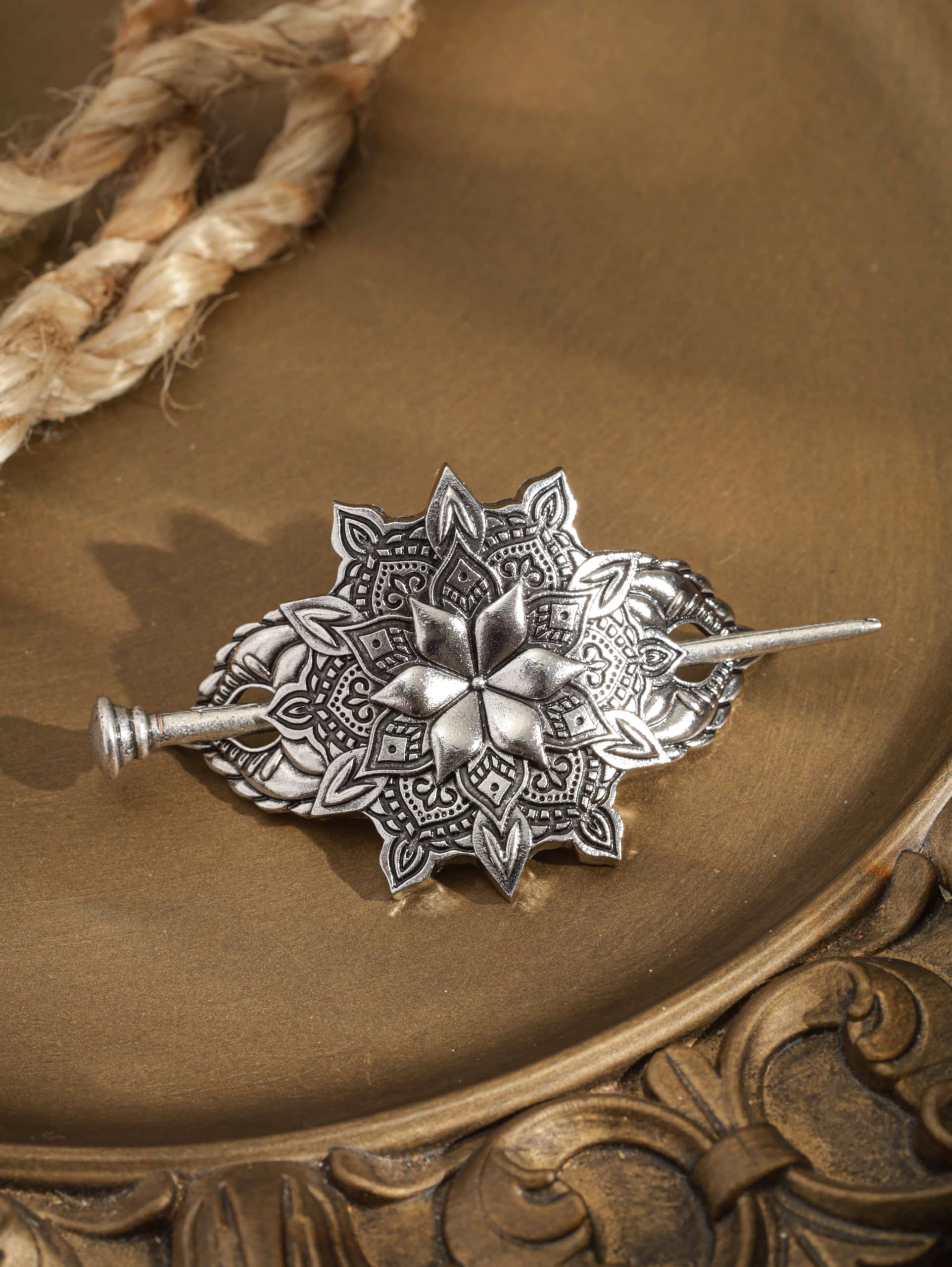 HAQUIL Mandala Flower Hairpin – Vintage Silver Hair Barrette for Women