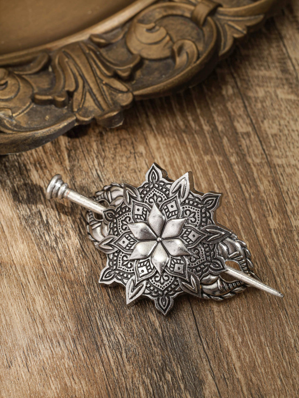HAQUIL Mandala Flower Hairpin – Vintage Silver Hair Barrette for Women