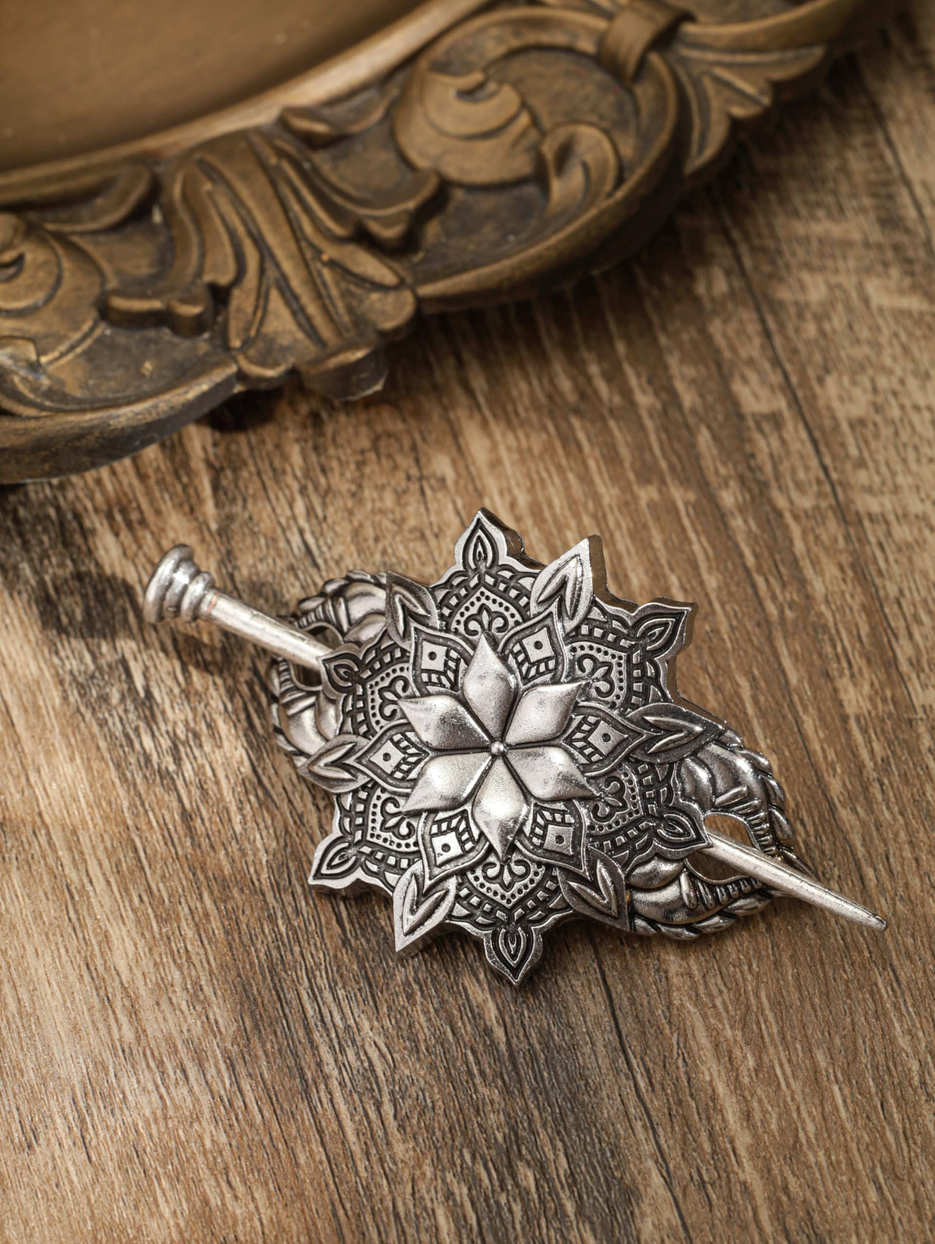 HAQUIL Mandala Flower Hairpin – Vintage Silver Hair Barrette for Women