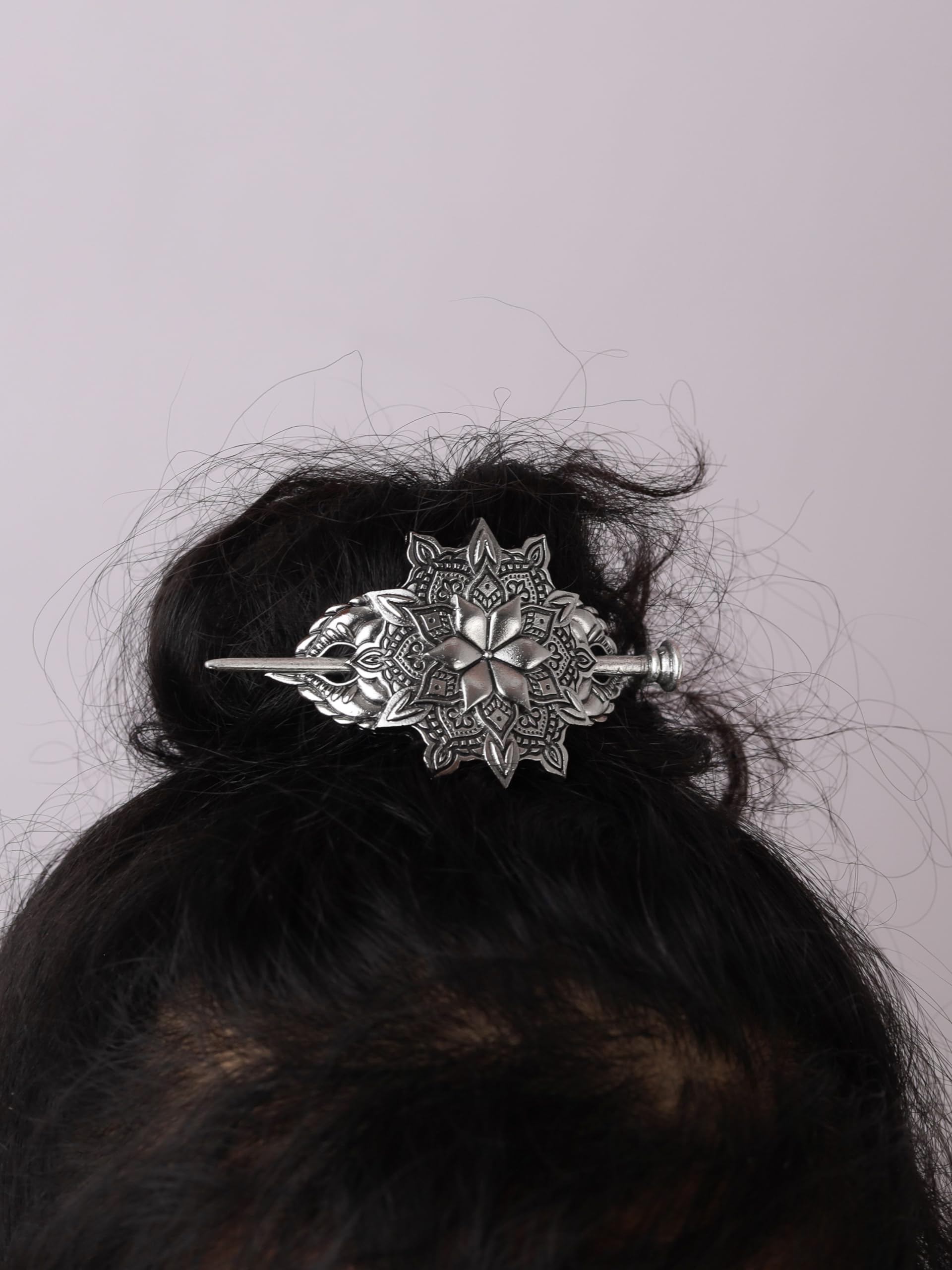 HAQUIL Mandala Flower Hairpin – Vintage Silver Hair Barrette for Women