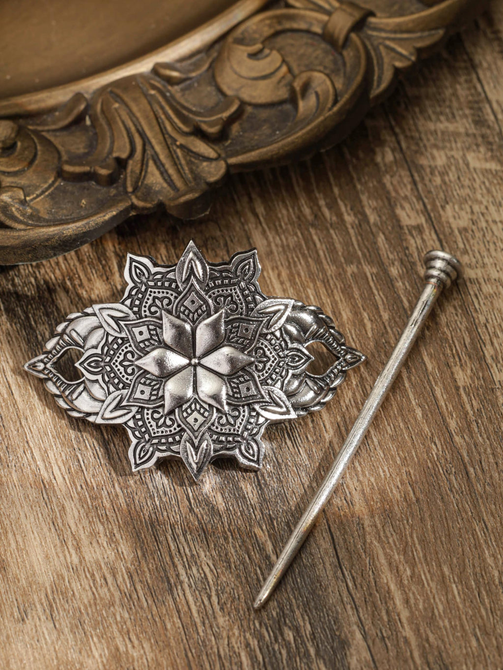 HAQUIL Mandala Flower Hairpin – Vintage Silver Hair Barrette for Women