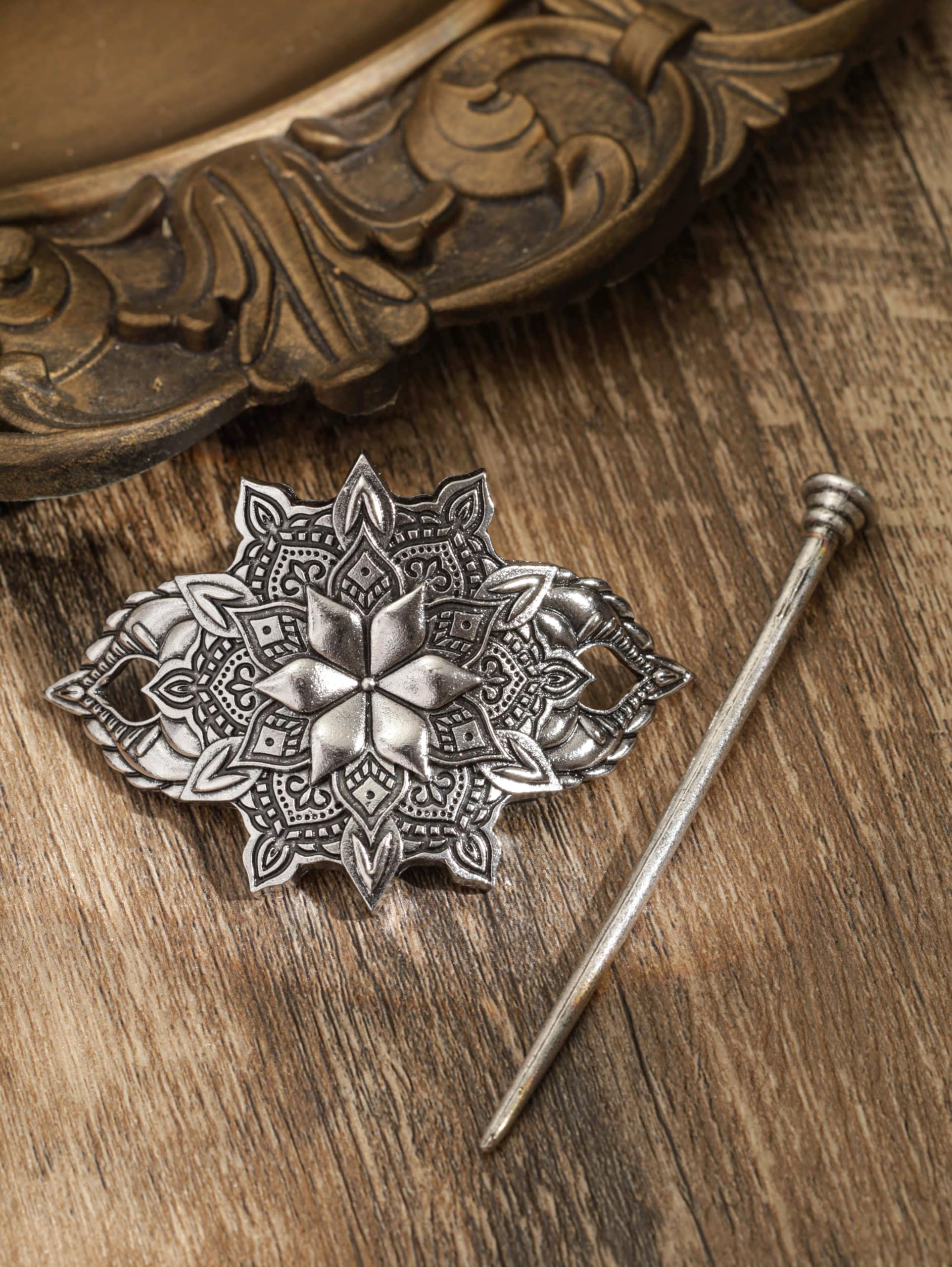 HAQUIL Mandala Flower Hairpin – Vintage Silver Hair Barrette for Women