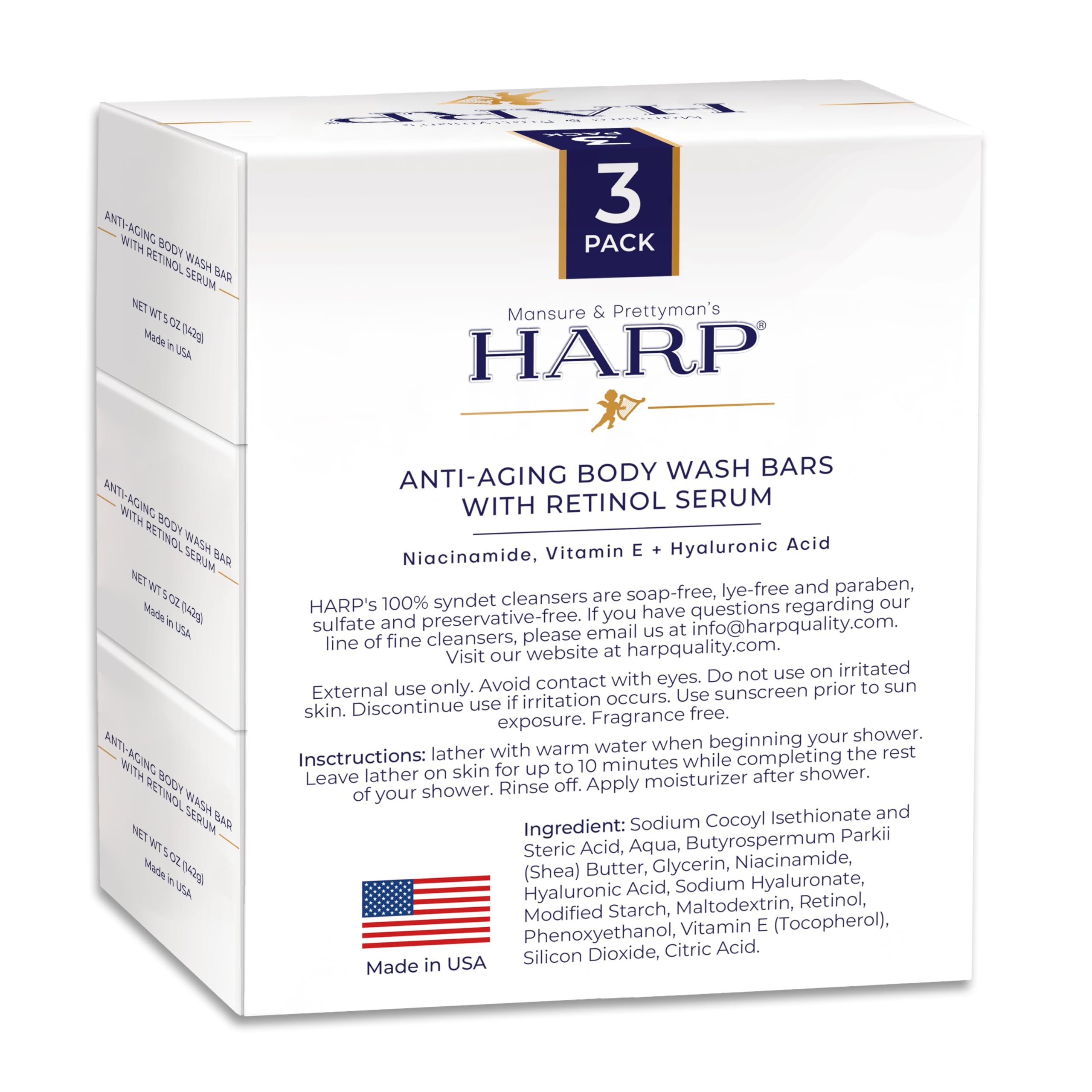 HARP Anti-Aging Body Wash Bar with Retinol – Fragrance Free & pH-Balanced Syndet (3-5oz)