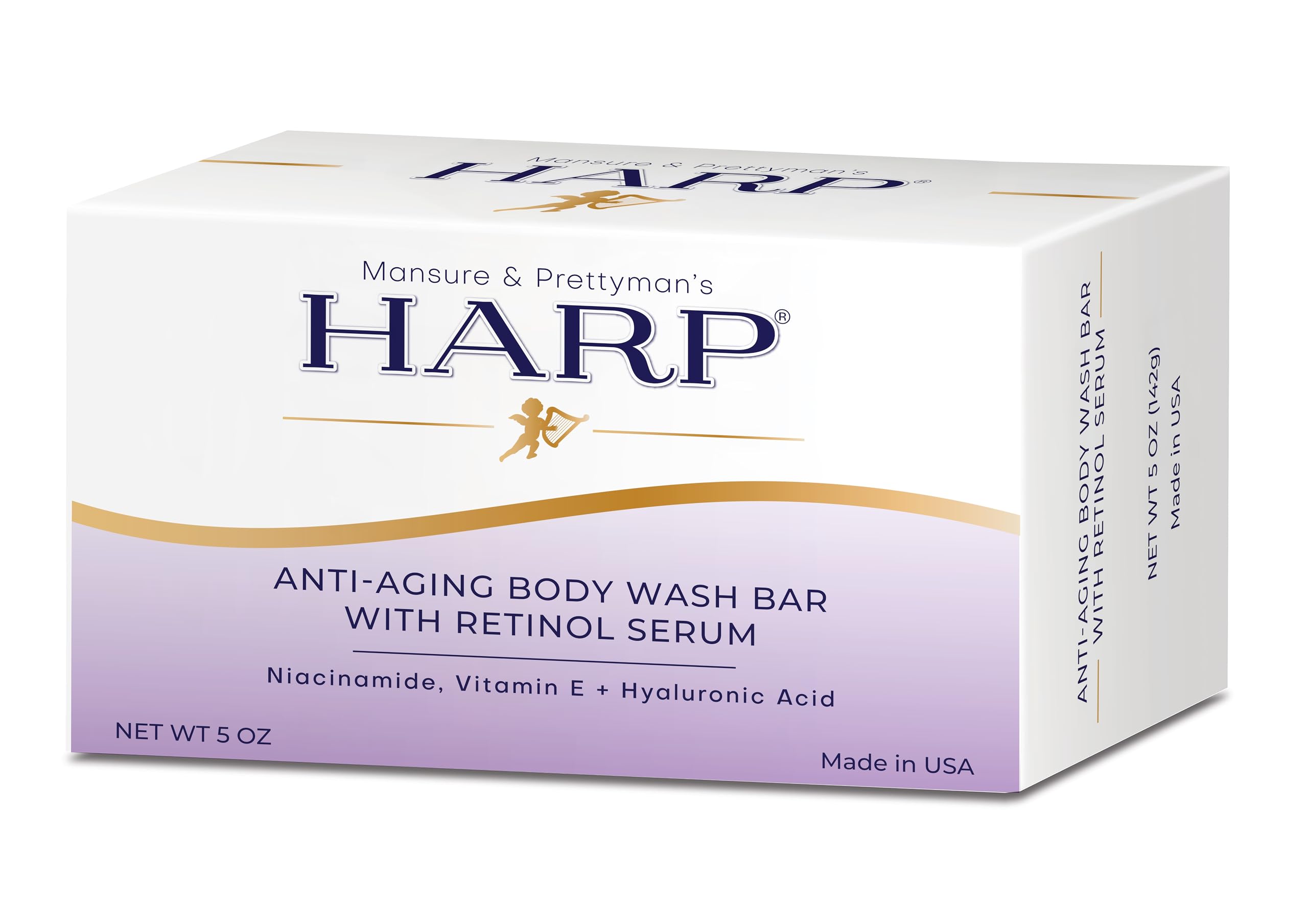 HARP® Anti-Aging Body Wash Bar with Retinol – pH-Balanced Syndet Cleanser, Fragrance-Free, Soap-Free & No Lye, Niacinamide, Hyaluronic Acid & Vitamin E, 5 oz