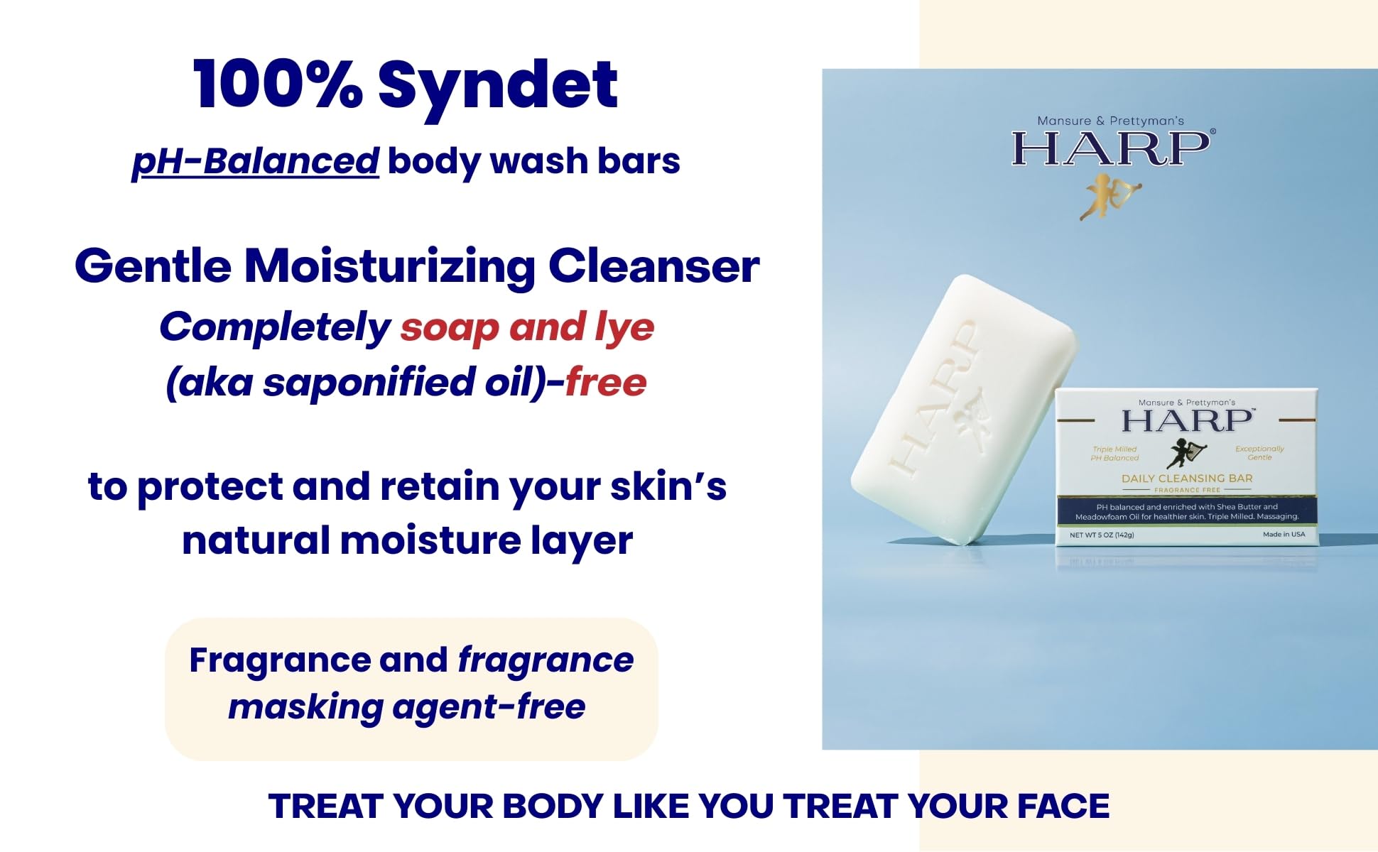 HARP Fragrance Free Body Wash Bar – pH Balanced Syndet Cleanser, No Lye, Non-Comedogenic (3–5oz)