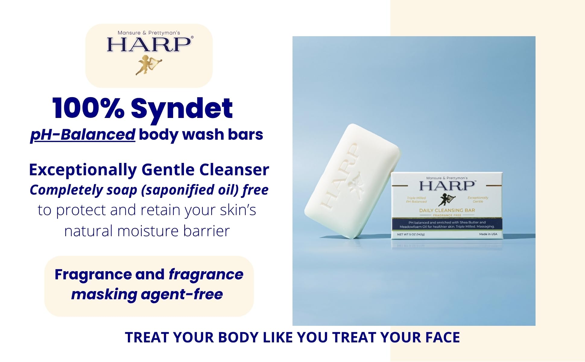 HARP Fragrance-Free Body Wash Bar | pH 5.0–6.0 Syndet, No Lye, Non-Comedogenic, 5oz