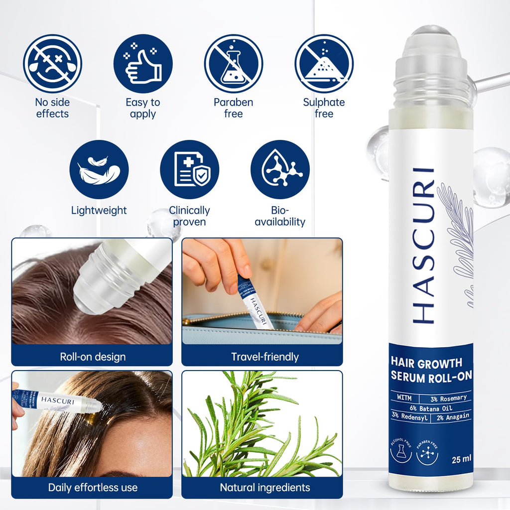 HASCURI 5-in-1 Hair Growth Serum Roll-On – DHT Blocker with Rosemary, Redensyl, Anagain, Ginger & Batana Oil