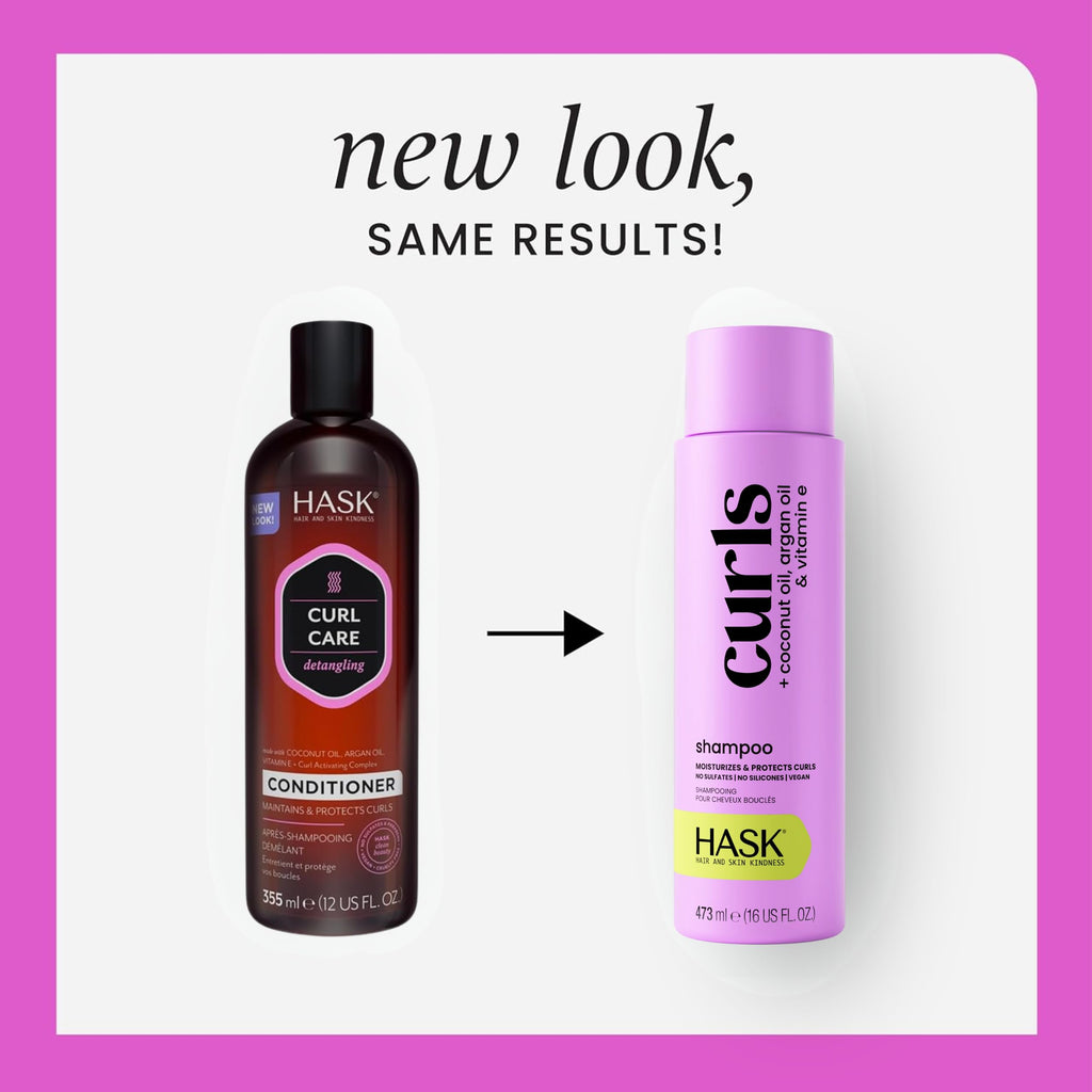 HASK Curl Care Shampoo + Conditioner Set — Coconut & Argan Oil, 12oz Each | Sulfate-Free, Color Safe, Vegan