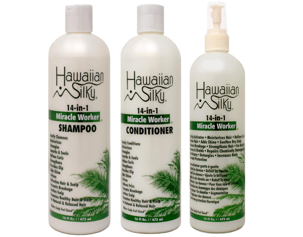 Hawaiian Silky 14-in-1 Miracle Worker Set – Shampoo, Conditioner & Activator Spray (16 oz Each)