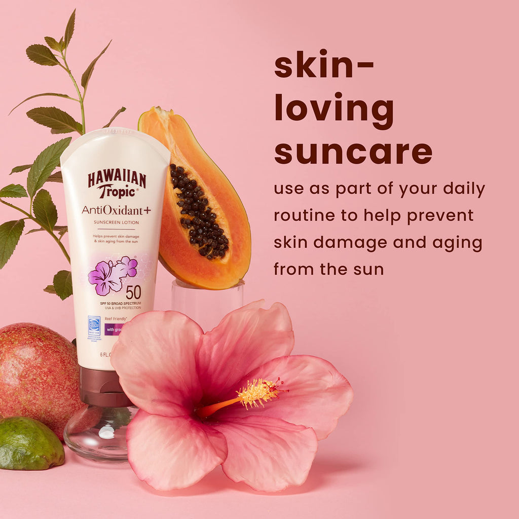 Hawaiian Tropic Skin Defense SPF 50 Sunscreen Lotion – Antioxidant Green Tea, 6 oz