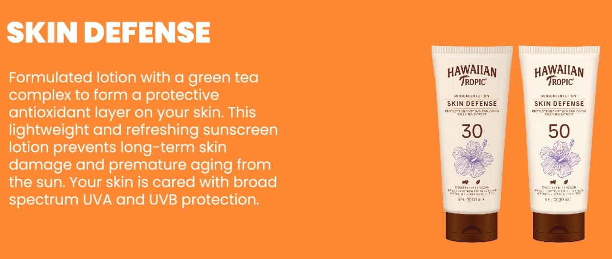 Hawaiian Tropic Skin Defense SPF 50 Sunscreen Lotion – Antioxidant Green Tea, 6 oz