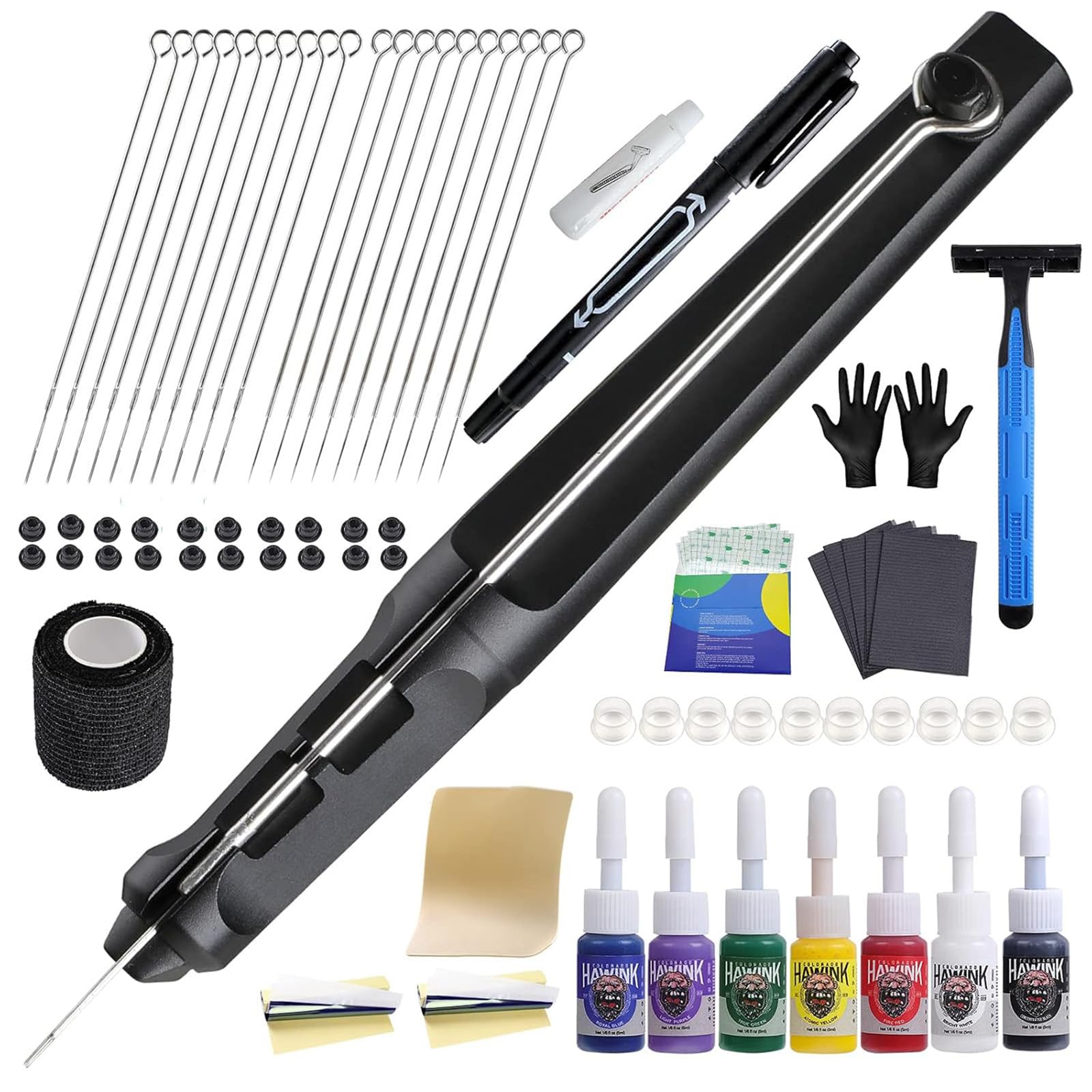 HAWINK Hand Tattoo Poke Stick Kit – DIY Tattoo Tool Kit with 7 Ink & 20 Needles GK-HW801TN01-1