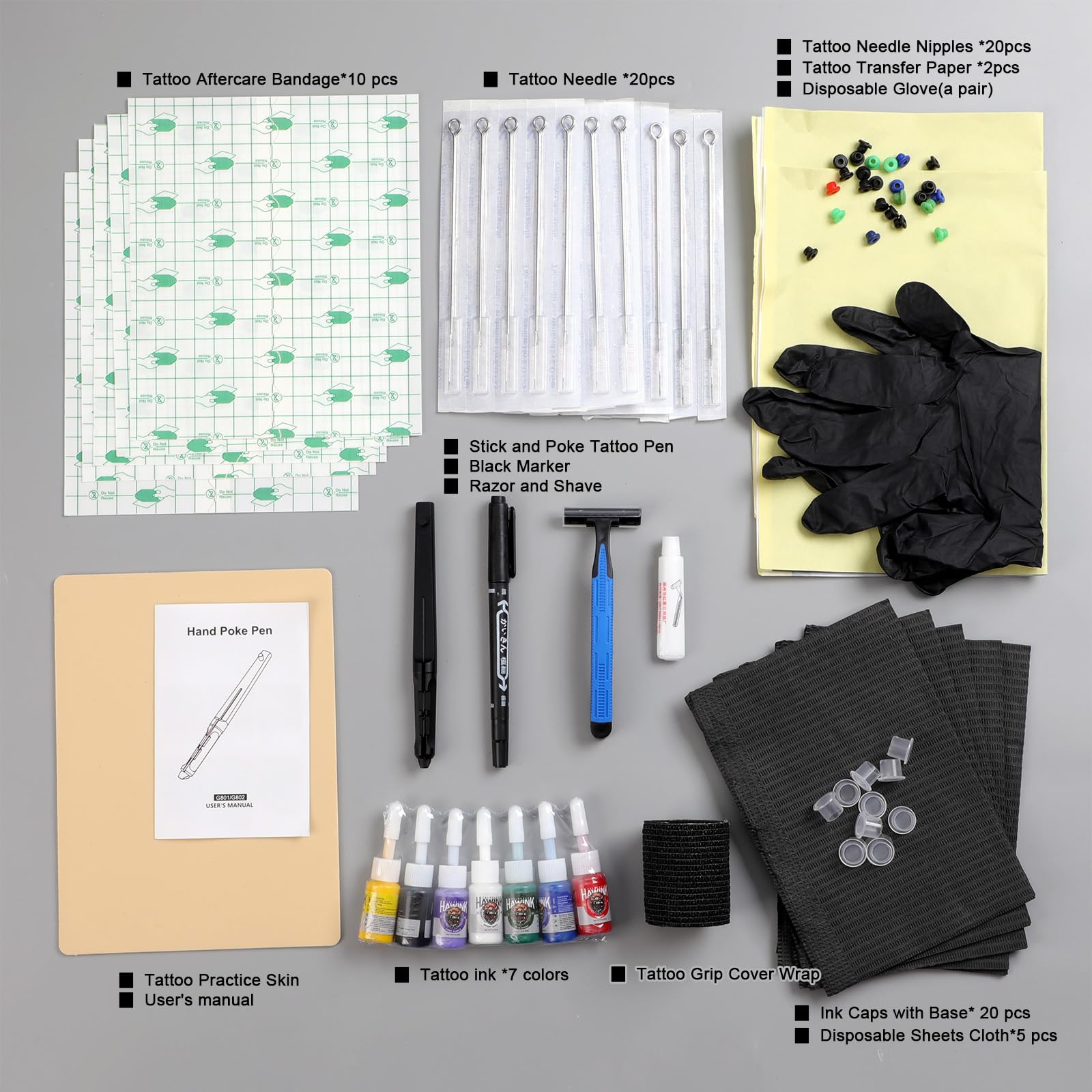 HAWINK Hand Tattoo Poke Stick Kit – DIY Tattoo Tool Kit with 7 Ink & 20 Needles GK-HW801TN01-1
