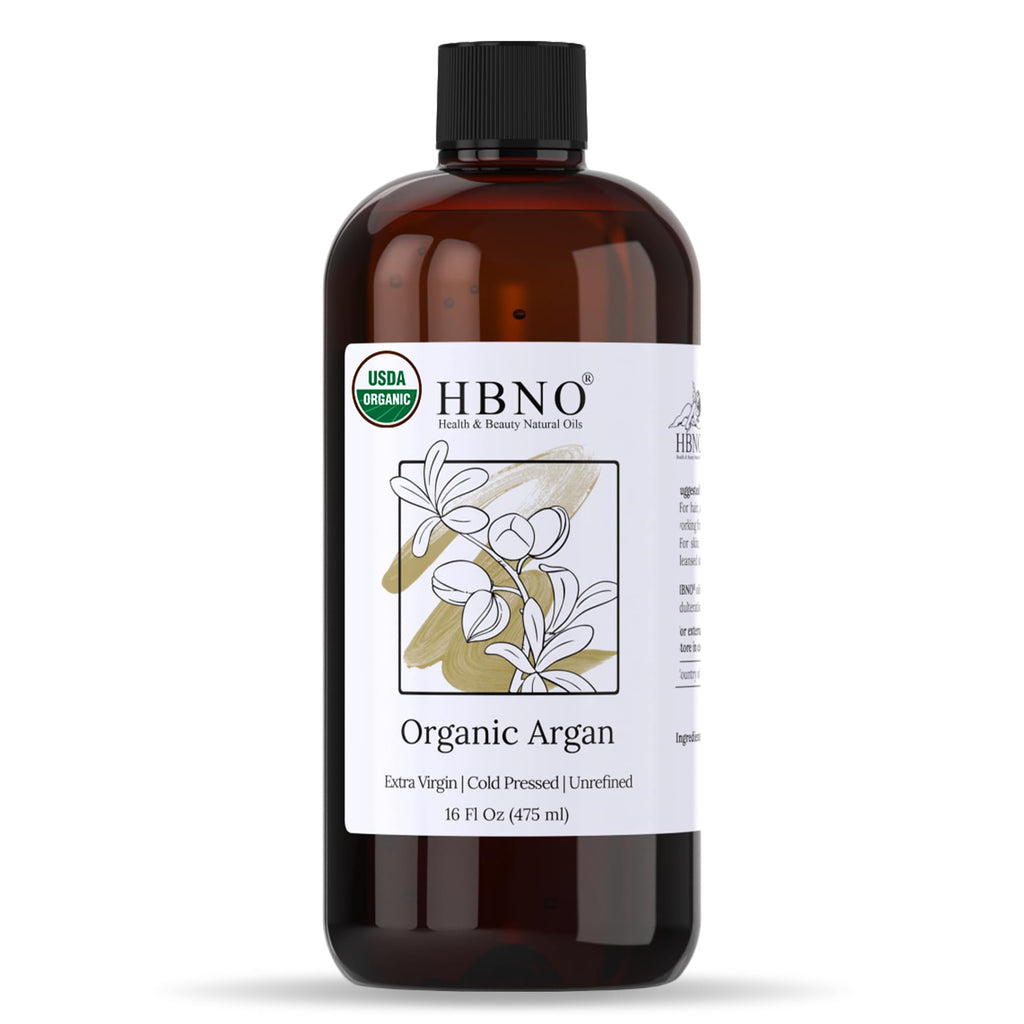 HBNO Organic Argan Oil - 16 oz Cold-Pressed Carrier Oil for Massage, Skin, Hair