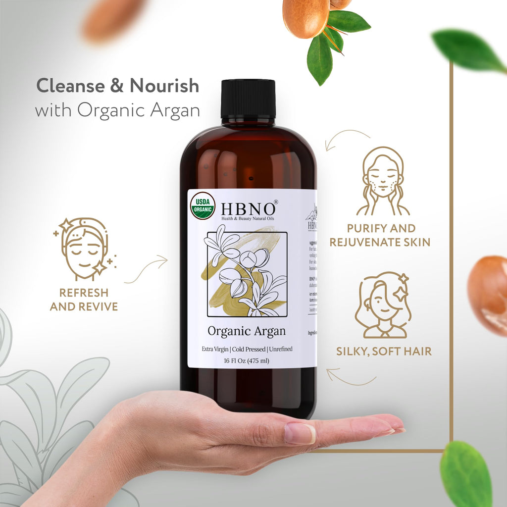 HBNO Organic Argan Oil - 16 oz Cold-Pressed Carrier Oil for Massage, Skin, Hair