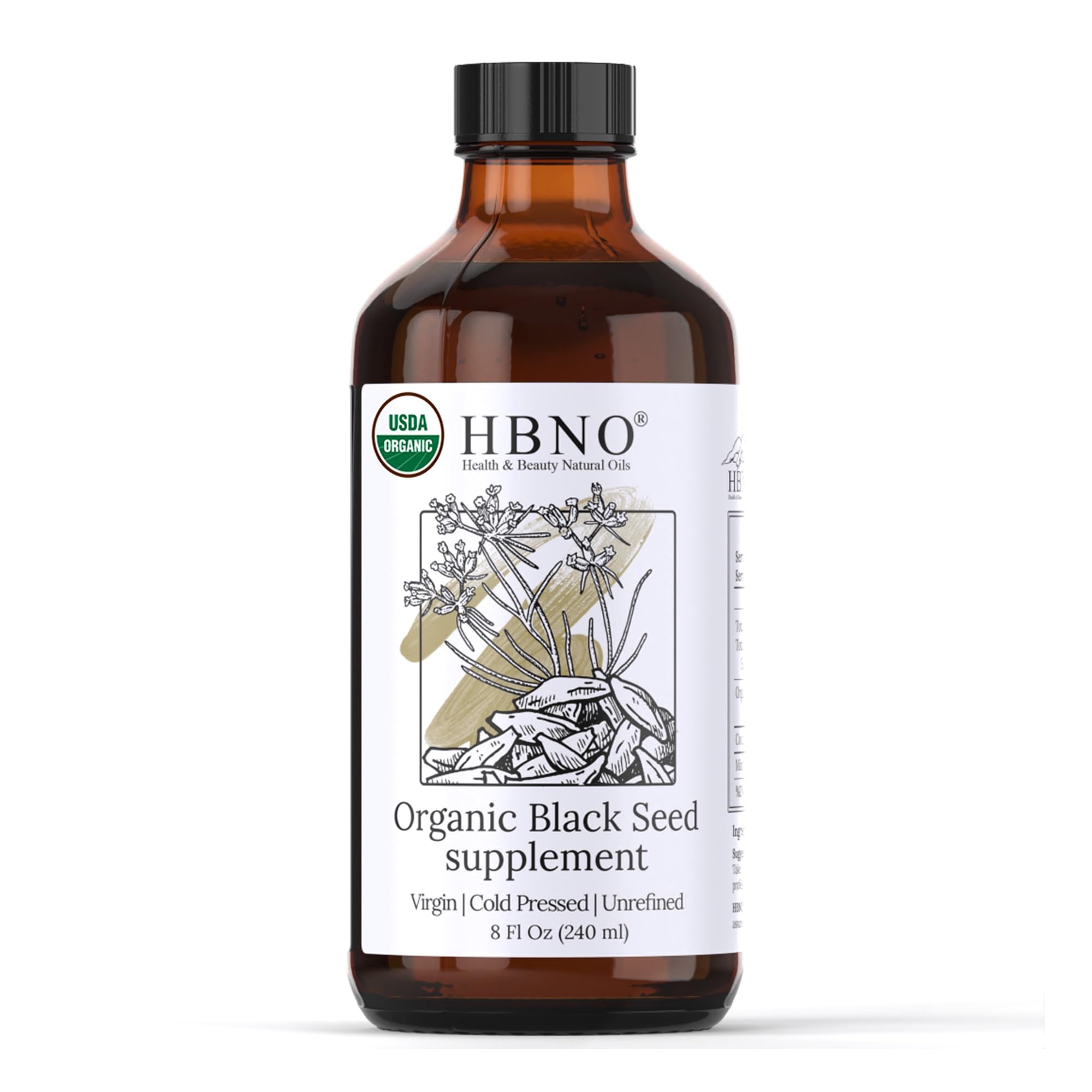 HBNO Organic Black Seed Oil - 8oz Glass Bottle | USDA Certified Organic, Cold-Pressed Nigella Sativa