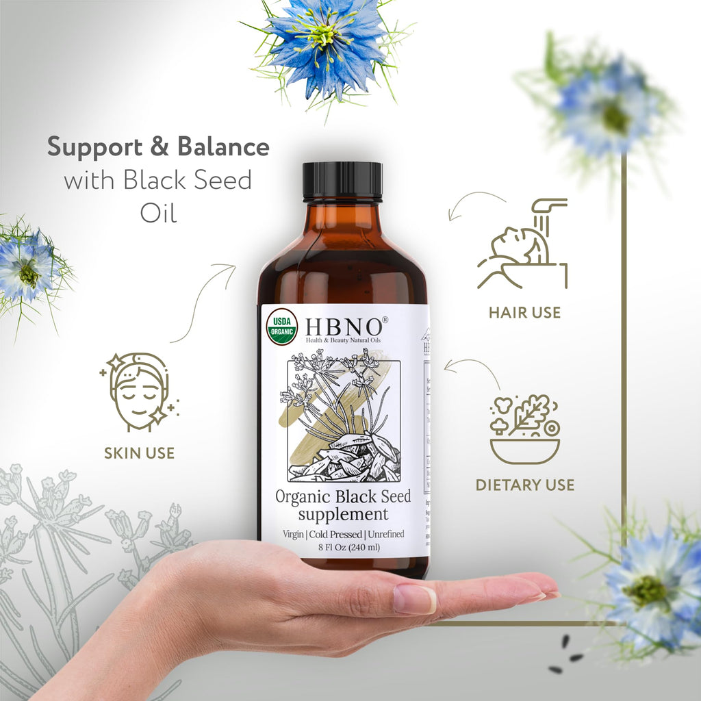 HBNO Organic Black Seed Oil - 8oz Glass Bottle | USDA Certified Organic, Cold-Pressed Nigella Sativa