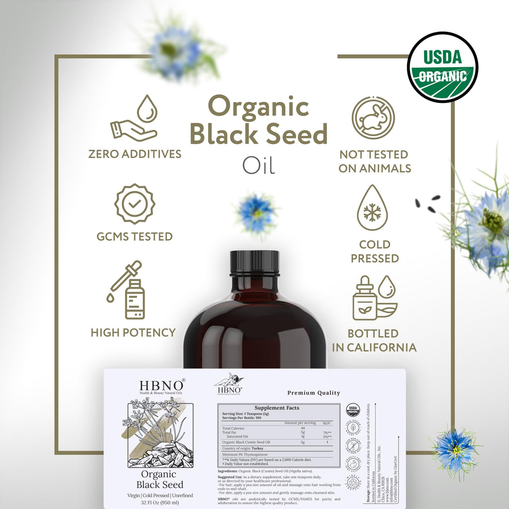 HBNO Organic Black Seed Oil 32oz Bottle | USDA Organic & Cold-Pressed