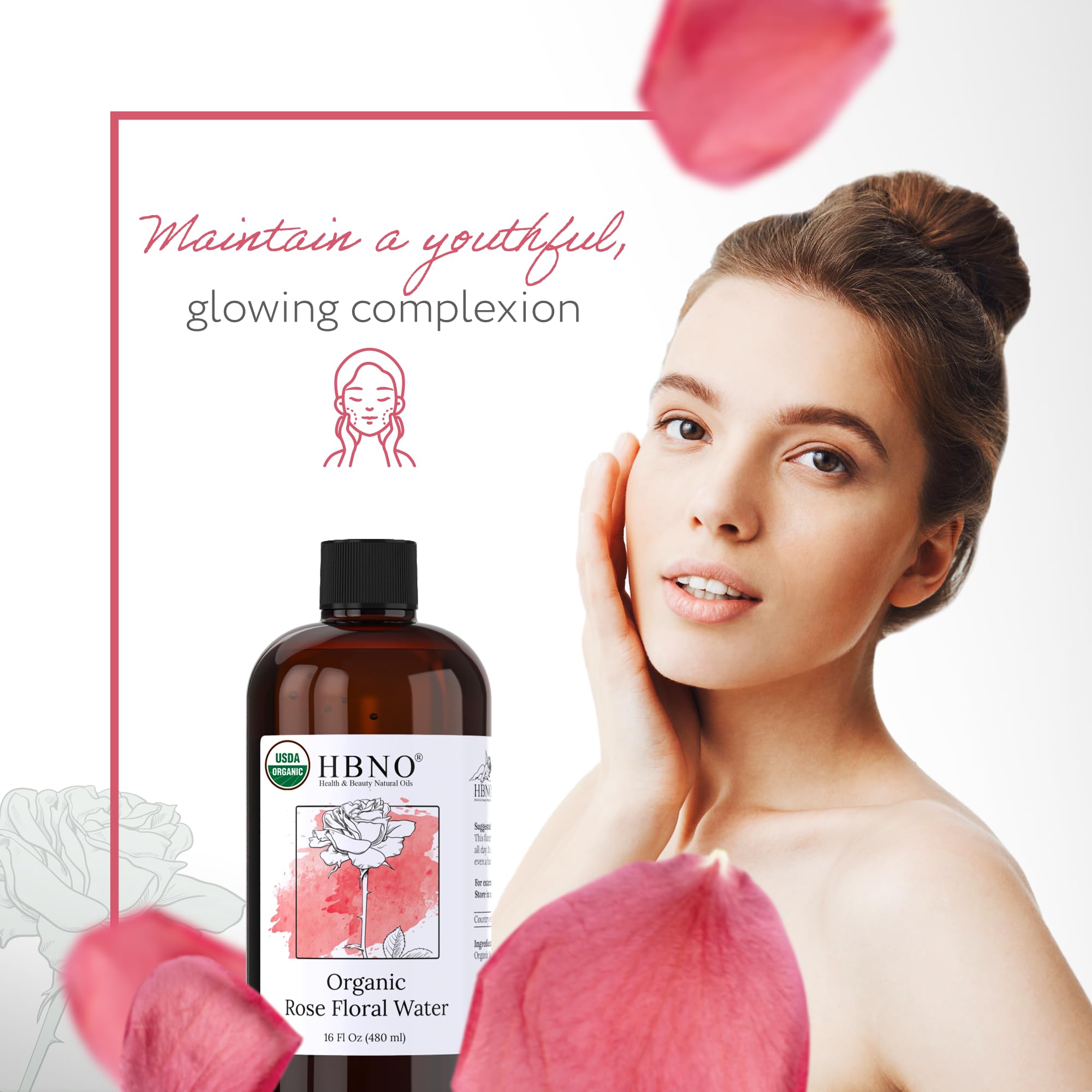 HBNO California Rose Water 16 oz USDA Certified for Face & Hair