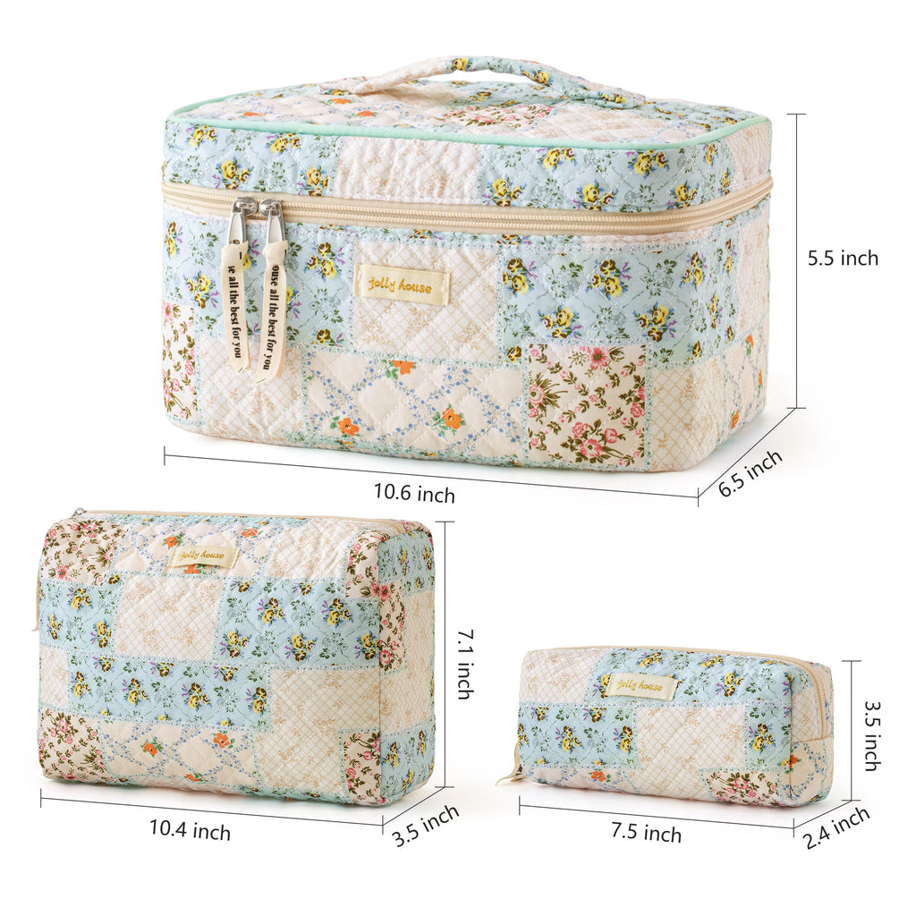 HBselect Quilted Makeup Bag Set – 3PCS Cotton Large Travel Cosmetic Bags with Floral Coquette Design
