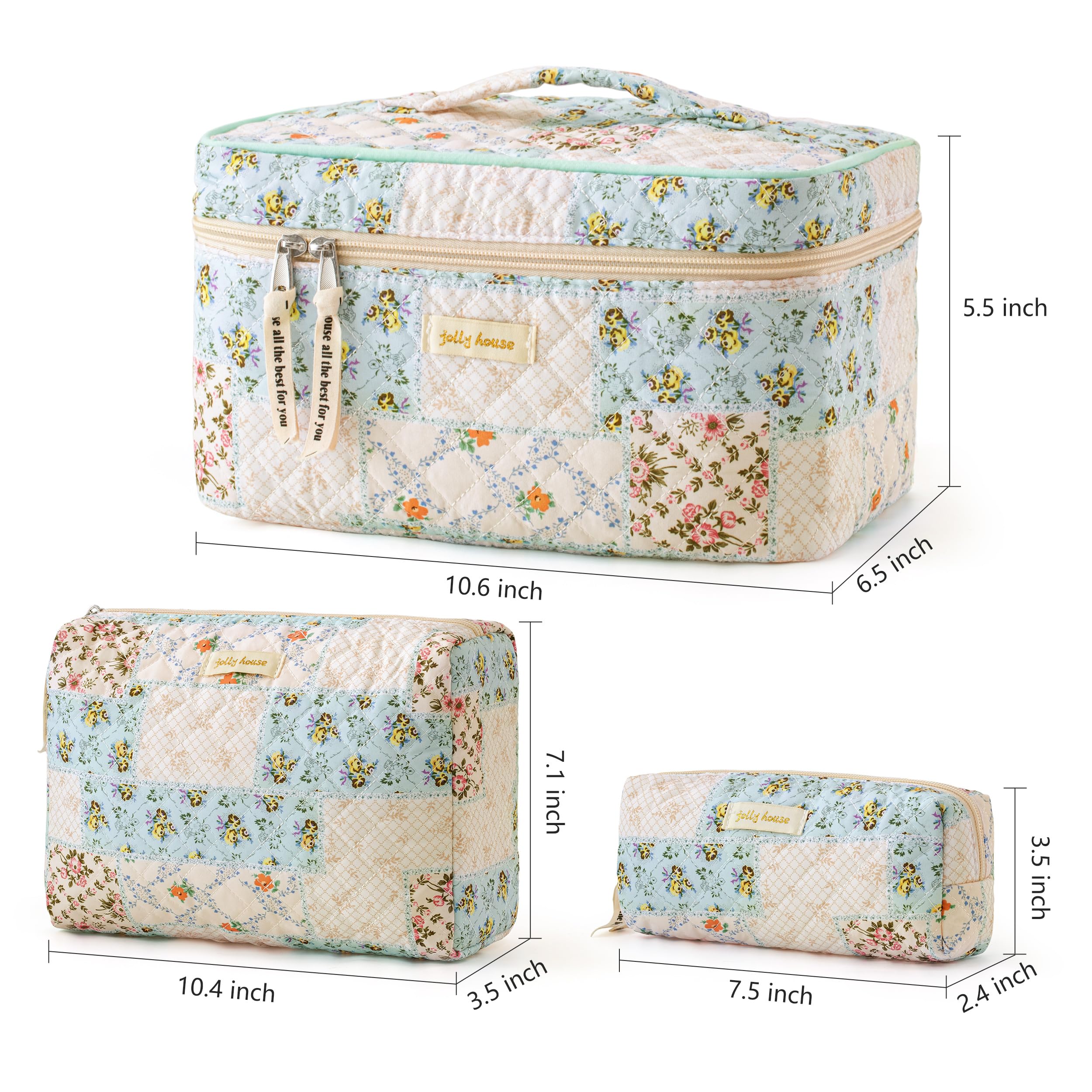 HBselect Quilted Makeup Bag Set – 3PCS Cotton Large Travel Cosmetic Bags with Floral Coquette Design