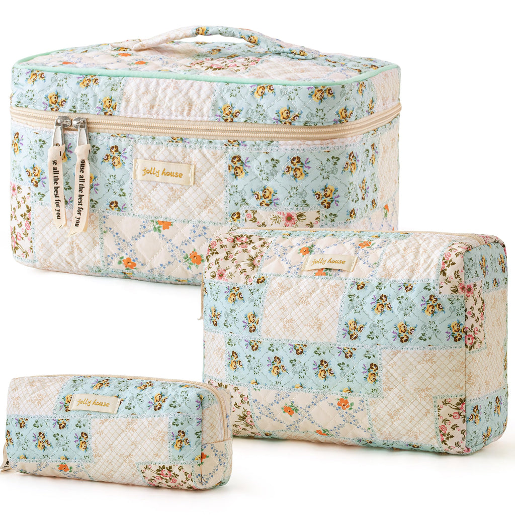 HBselect Quilted Makeup Bag Set – 3PCS Cotton Large Travel Cosmetic Bags with Floral Coquette Design