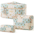 HBselect Quilted Makeup Bag Set – 3PCS Cotton Large Travel Cosmetic Bags with Floral Coquette Design