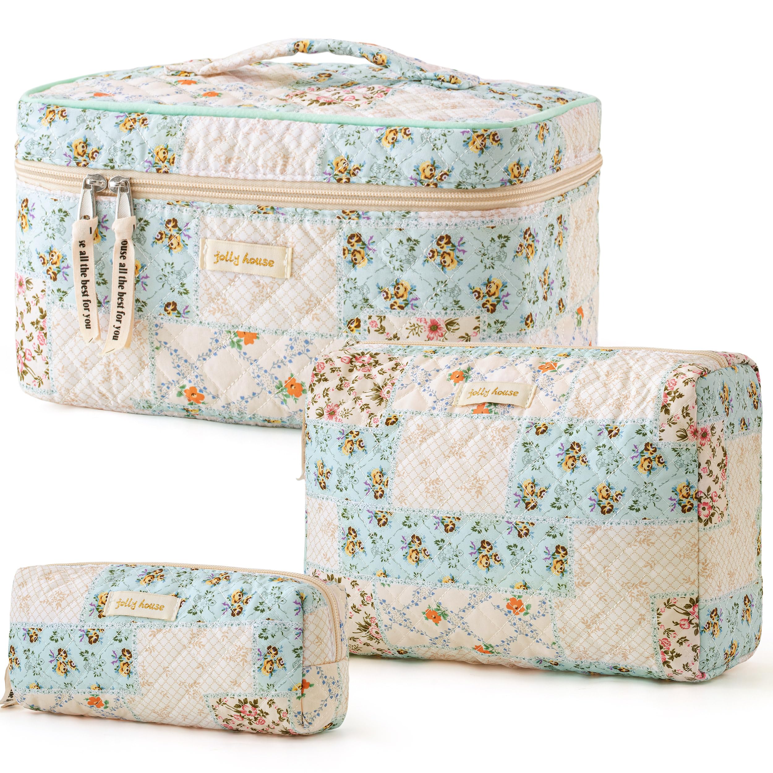 HBselect Quilted Makeup Bag Set – 3PCS Cotton Large Travel Cosmetic Bags with Floral Coquette Design