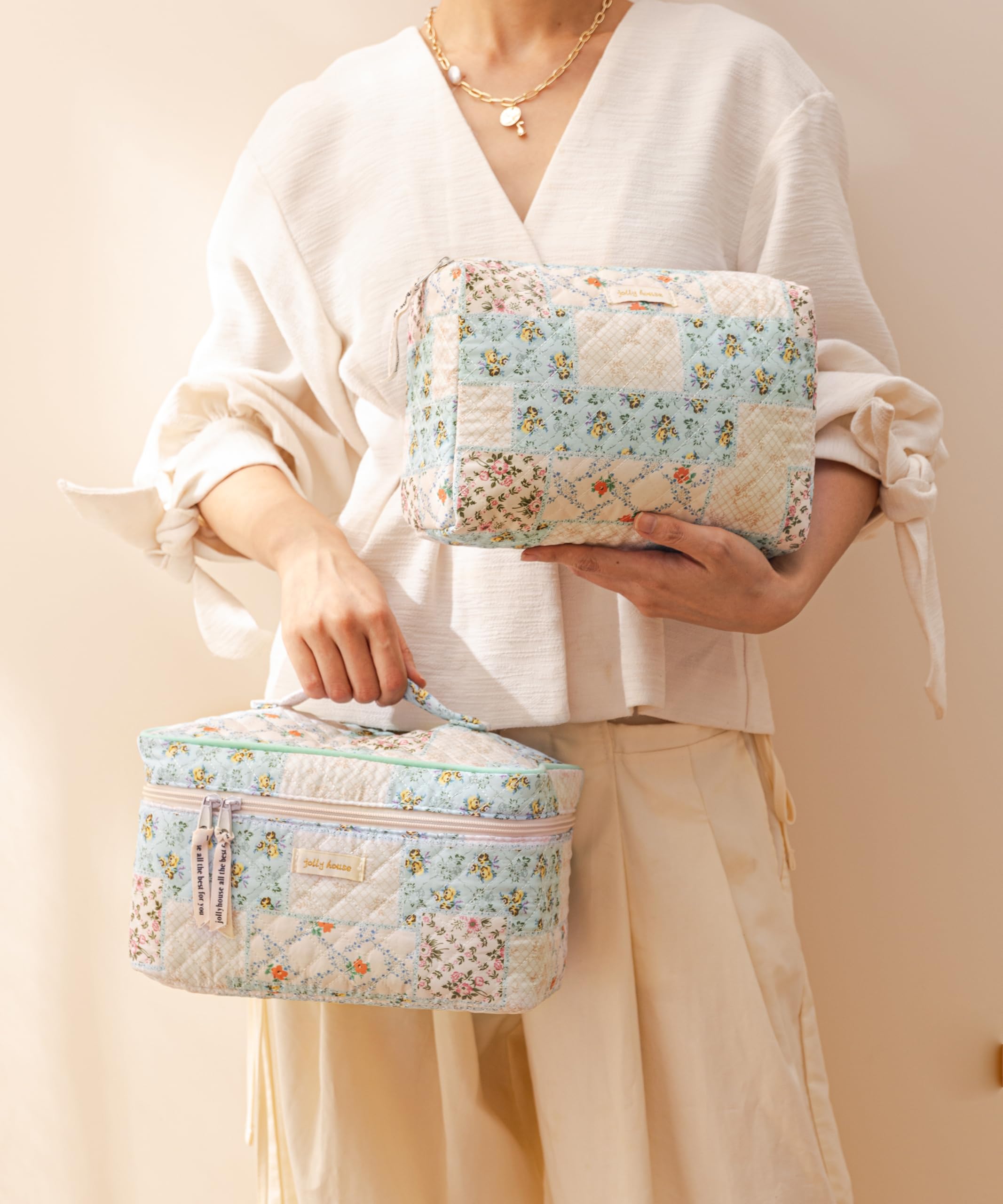 HBselect Quilted Makeup Bag Set – 3PCS Cotton Large Travel Cosmetic Bags with Floral Coquette Design
