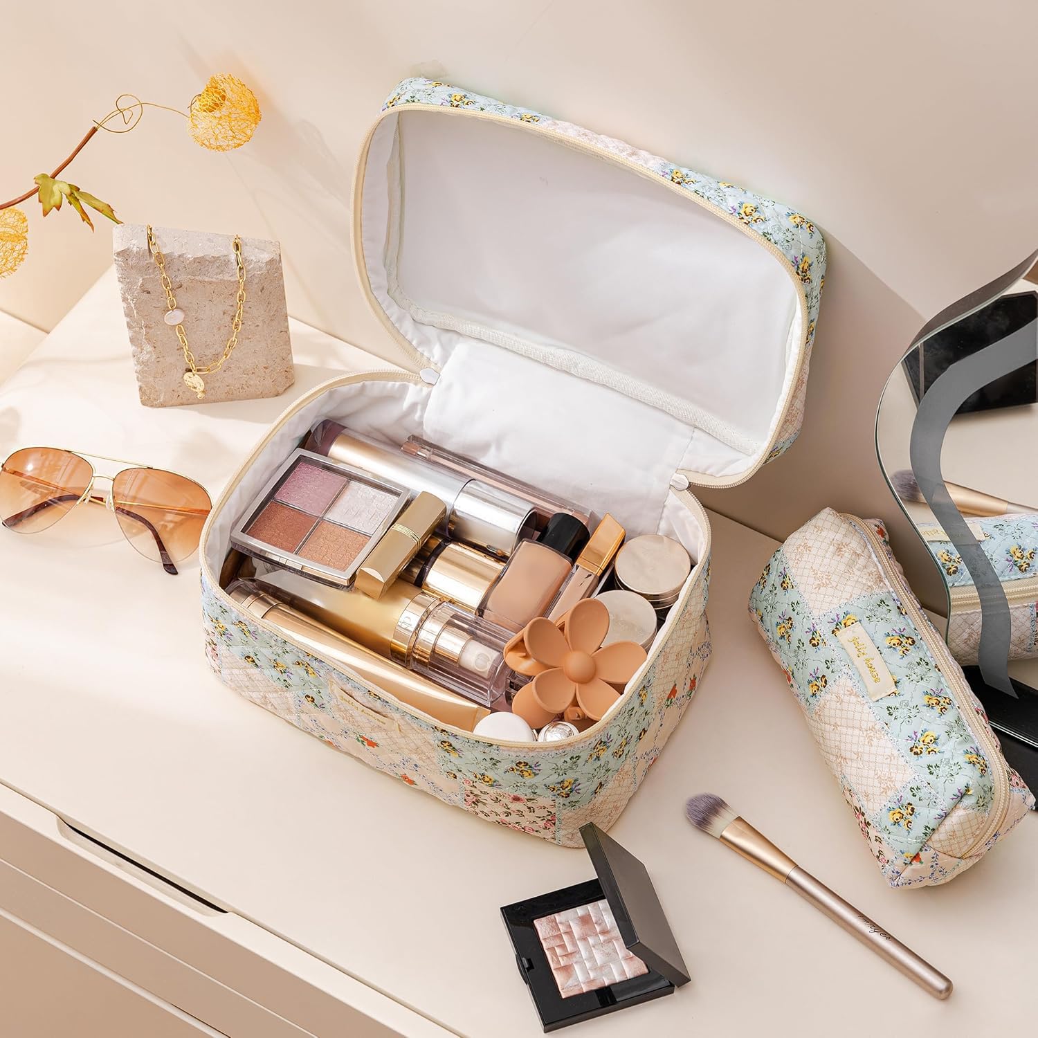 HBselect Quilted Makeup Bag Set – 3PCS Cotton Large Travel Cosmetic Bags with Floral Coquette Design
