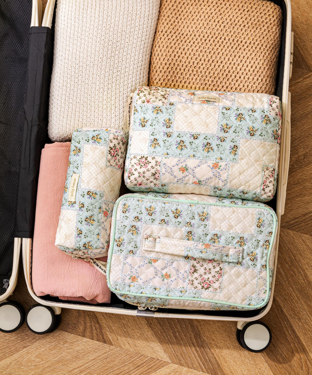 HBselect Quilted Makeup Bag Set – 3PCS Cotton Large Travel Cosmetic Bags with Floral Coquette Design