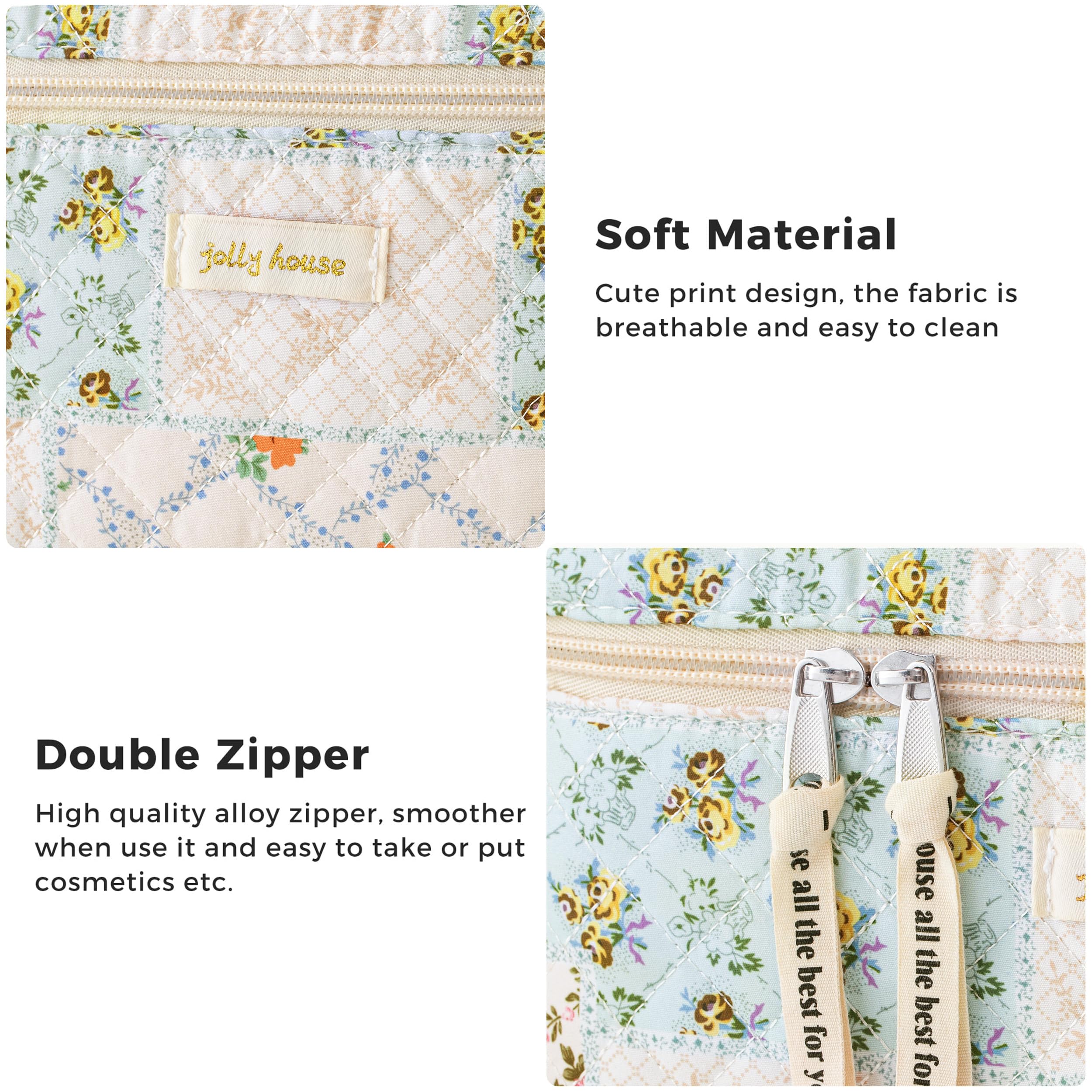 HBselect Quilted Makeup Bag Set – 3PCS Cotton Large Travel Cosmetic Bags with Floral Coquette Design