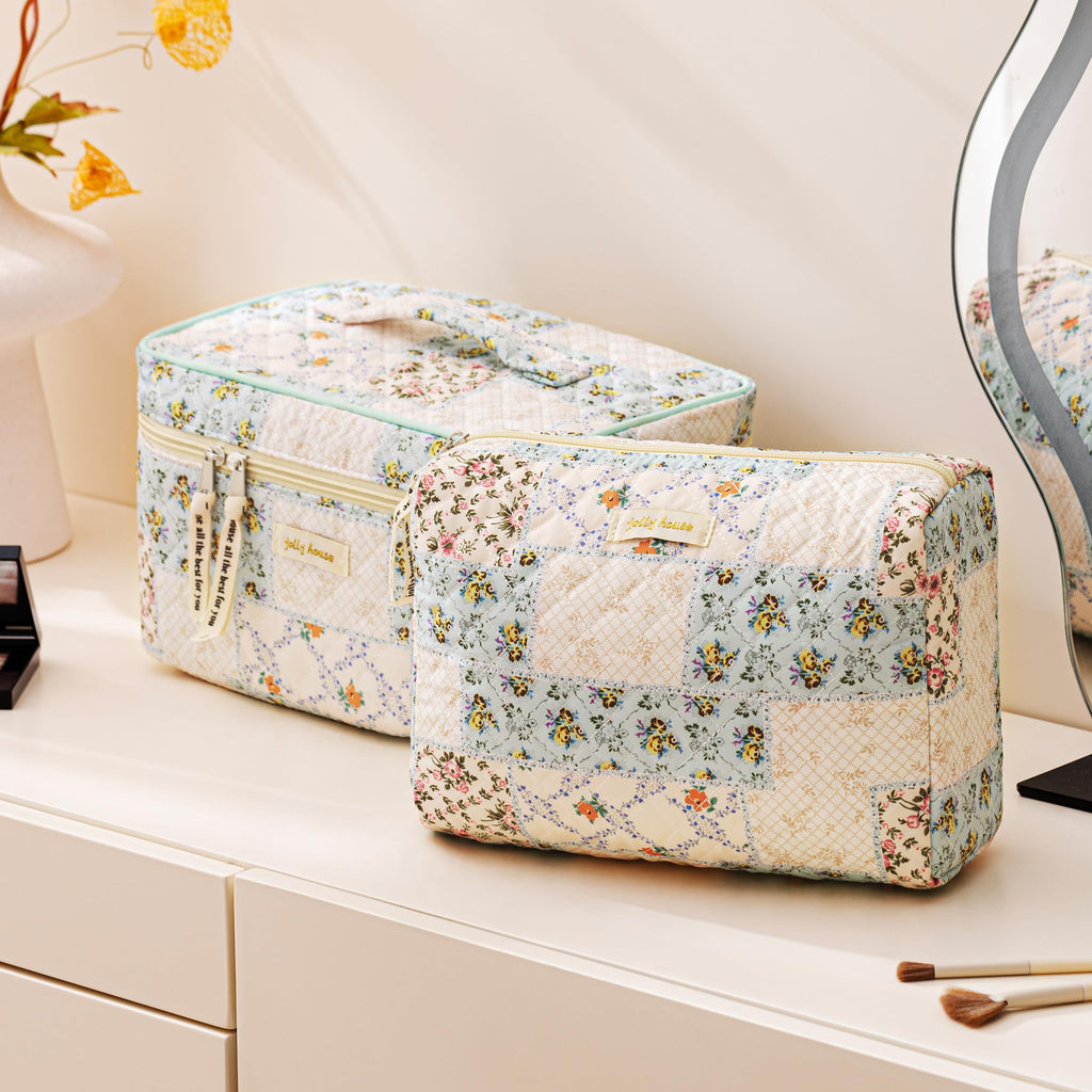 HBselect Quilted Makeup Bag Set – 3PCS Cotton Large Travel Cosmetic Bags with Floral Coquette Design