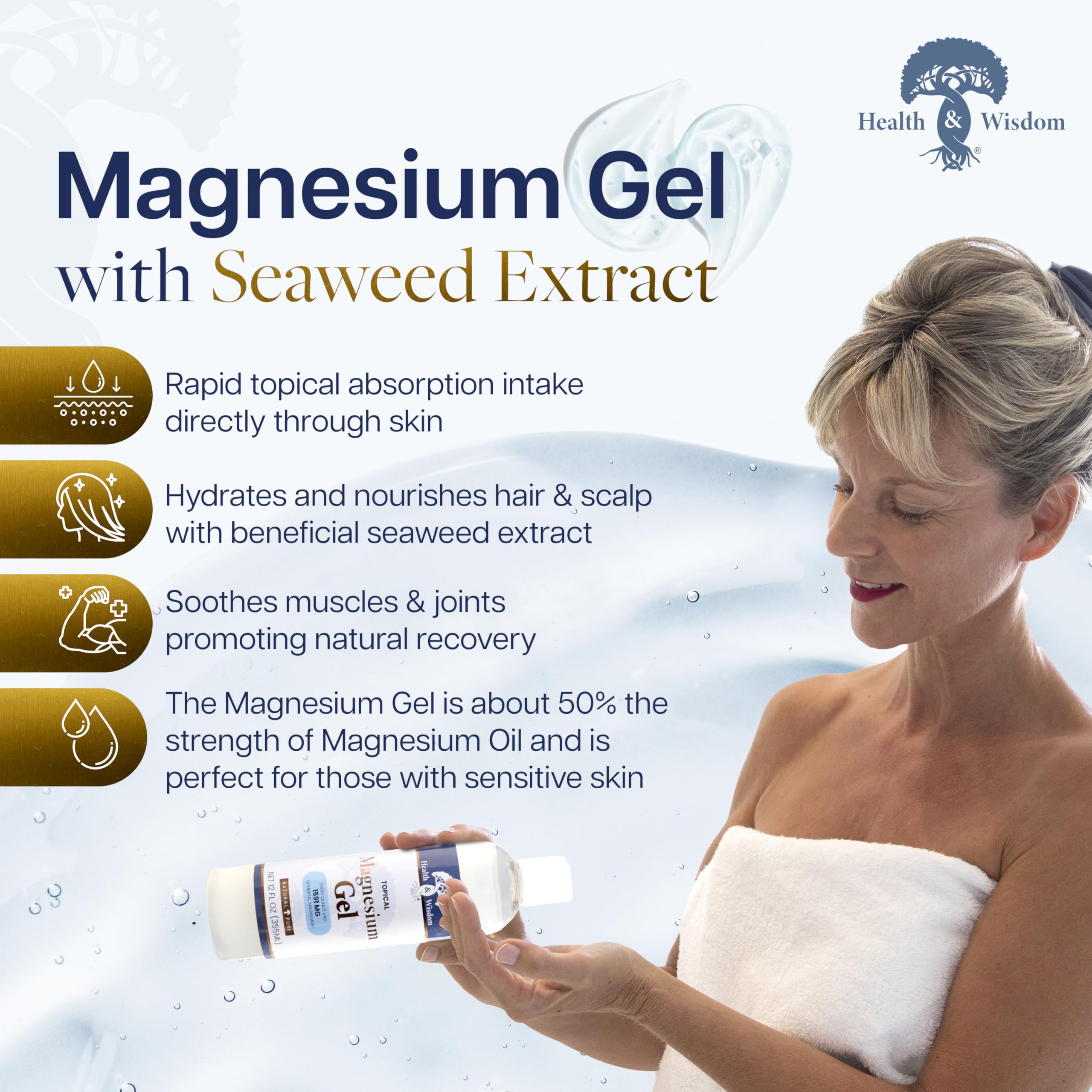 Health and Wisdom Pure Magnesium Gel with Seaweed Extract – Topical Relief, Skin Hydration, Enhanced Absorption (128 Fl oz)