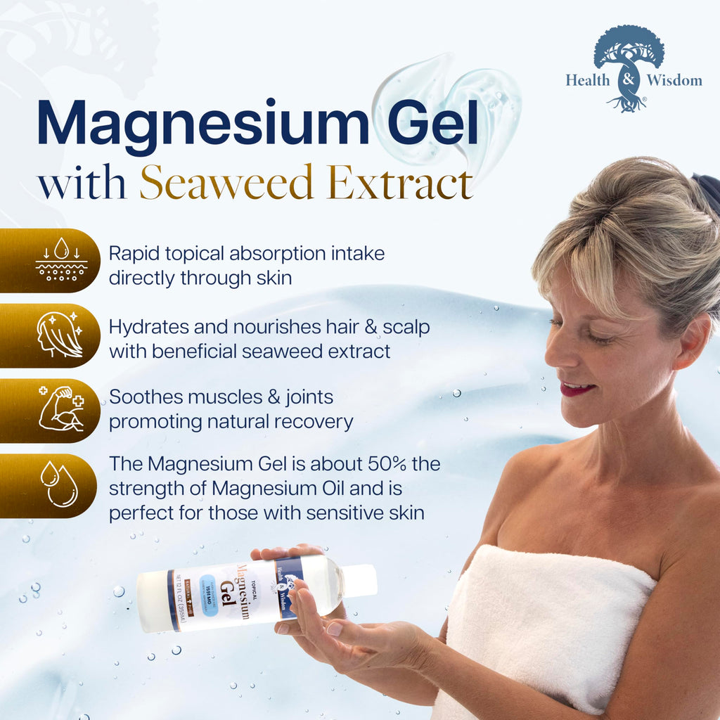 Health and Wisdom Pure Magnesium Gel with Seaweed Extract | Topical Muscle & Joint Relief, Skin Hydration 64 fl oz
