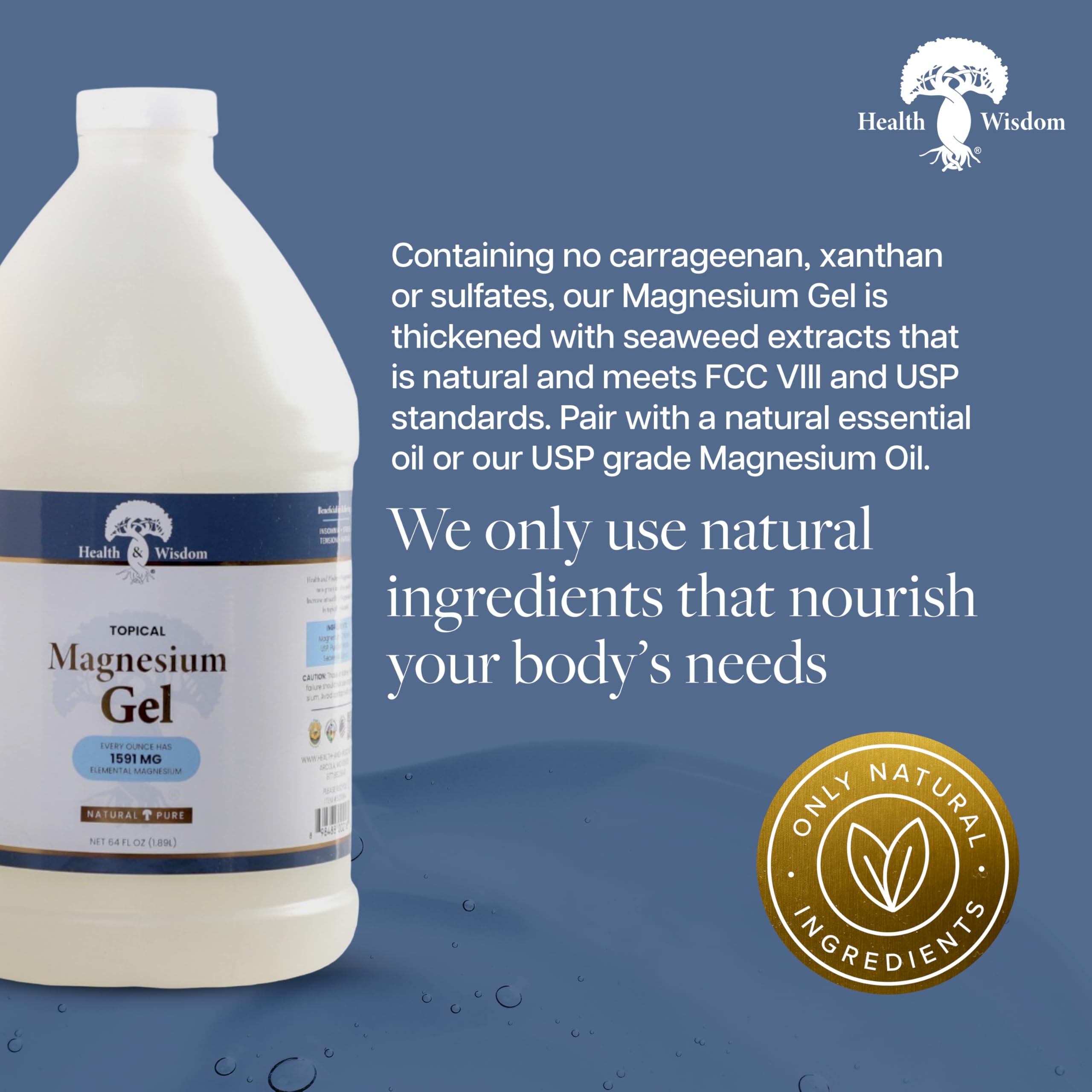 Health and Wisdom Pure Magnesium Gel with Seaweed Extract | Topical Muscle & Joint Relief, Skin Hydration 64 fl oz
