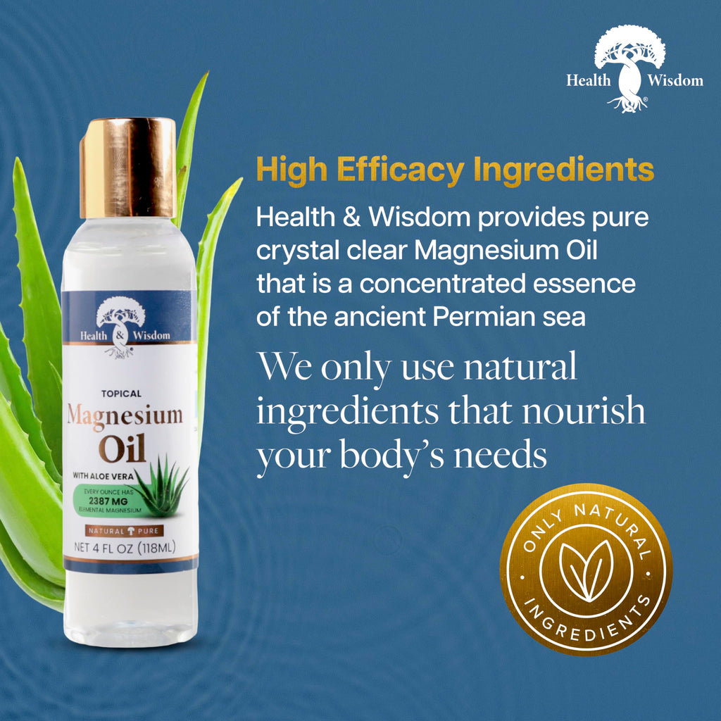 Health and Wisdom Pure Magnesium Oil with Aloe Vera - Topical Skin Moisturizer and Gentle Muscle Support - Enhanced Absorption - 4 fl oz