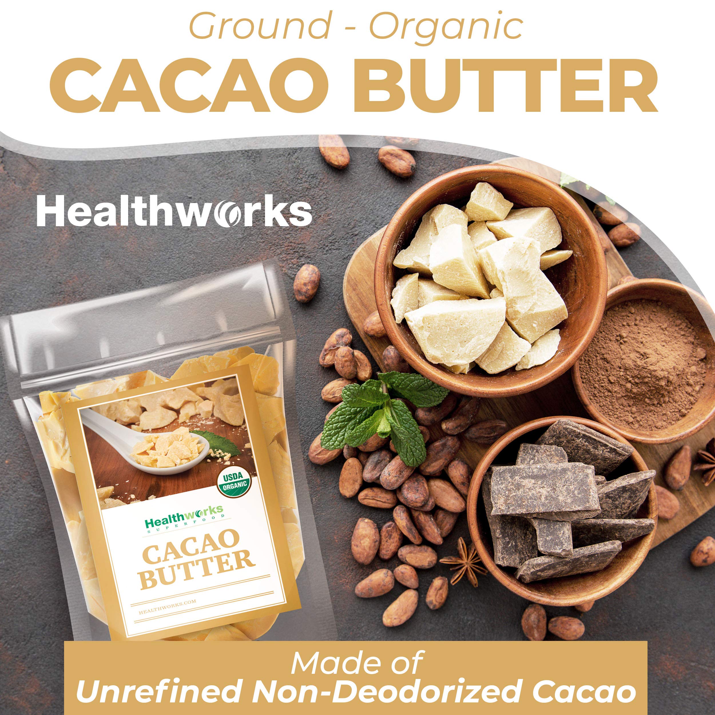 Healthworks Superfoods Organic Cacao Butter - 16 oz | USDA Organic, Unrefined & Non-GMO