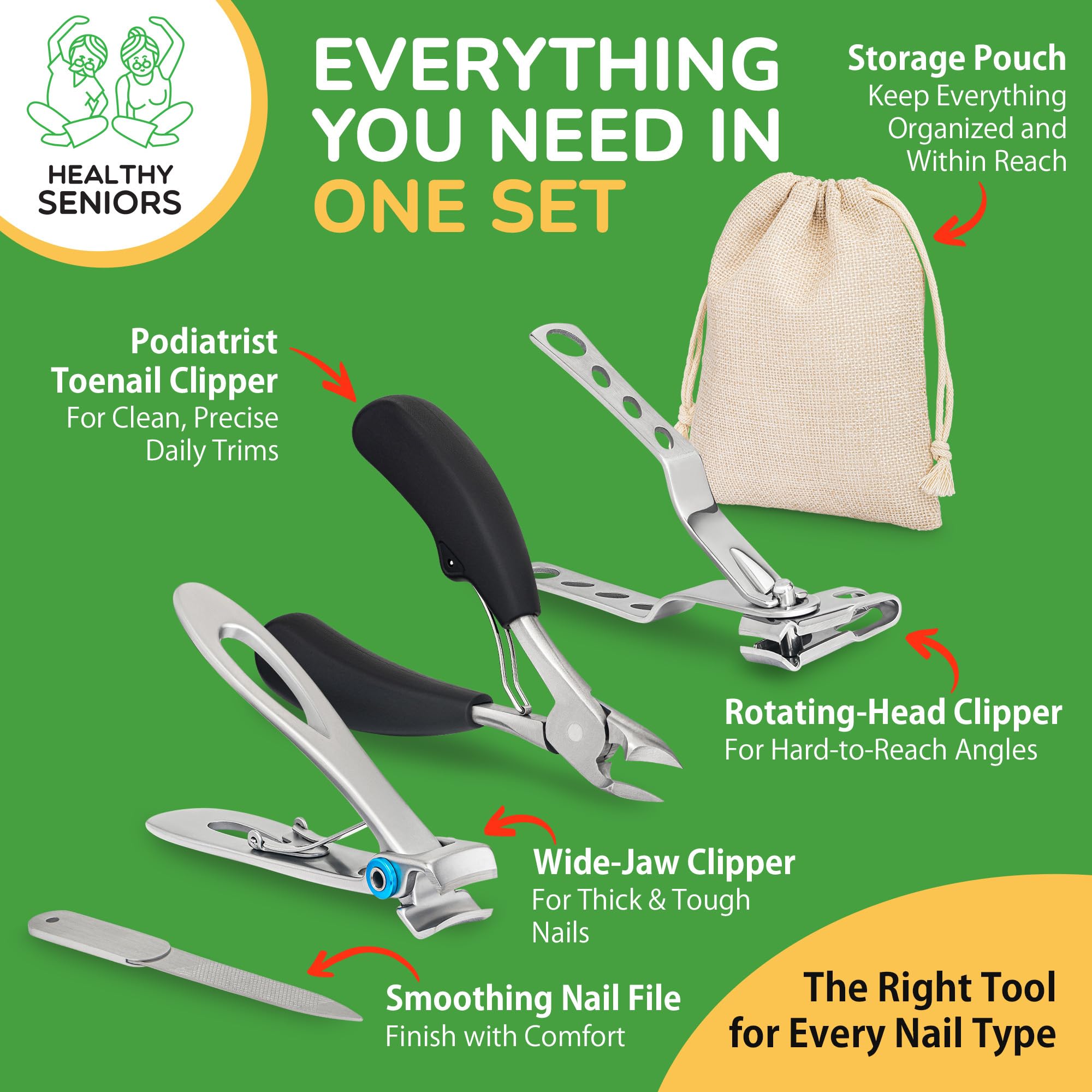 Healthy Seniors Toenail Clippers for Thick Toenails – 4-Piece Heavy Duty Set with Rotating Head