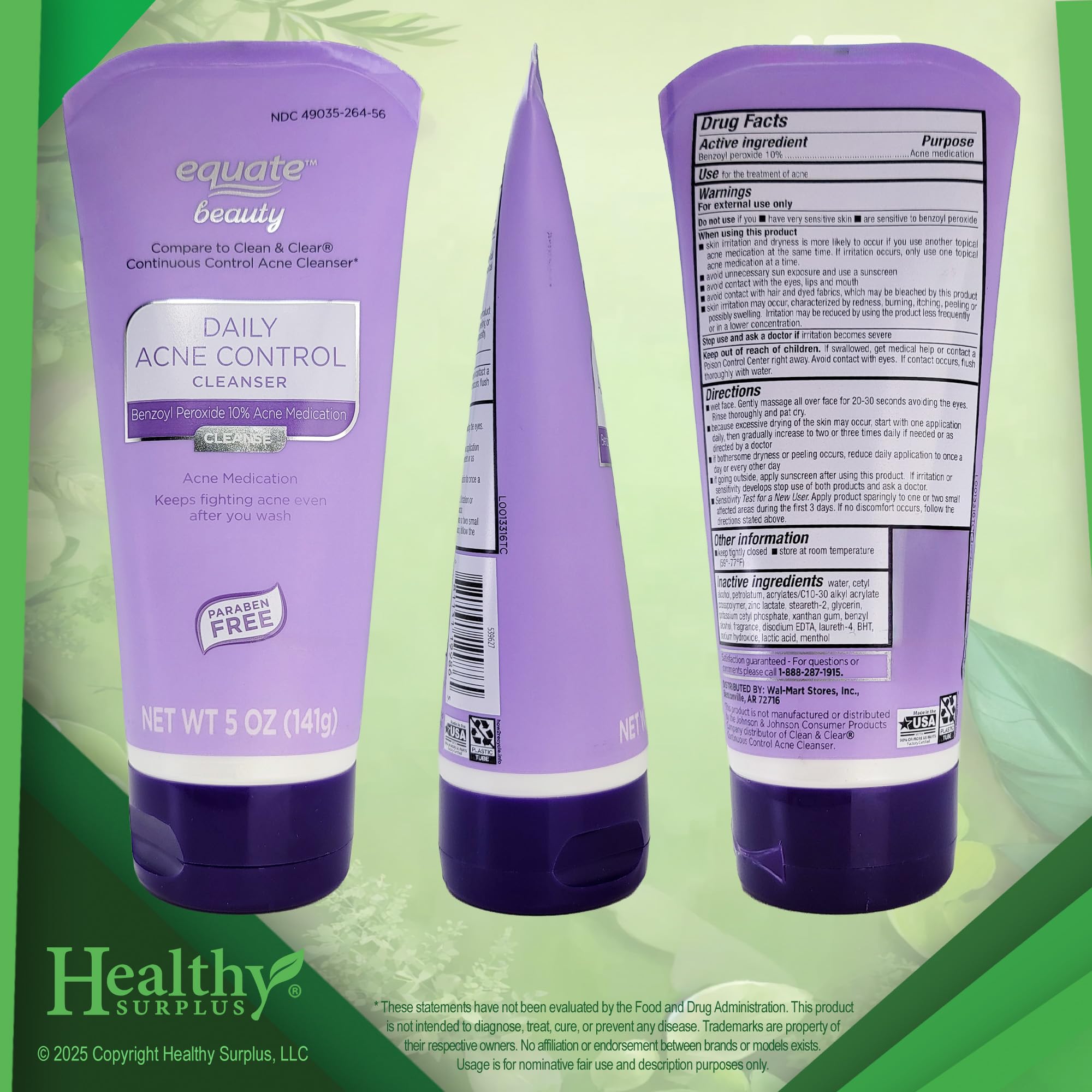 Healthy Surplus Equate Beauty Daily Acne Control Cleaner 5 oz + Vital Volumes Blemish Tips Card