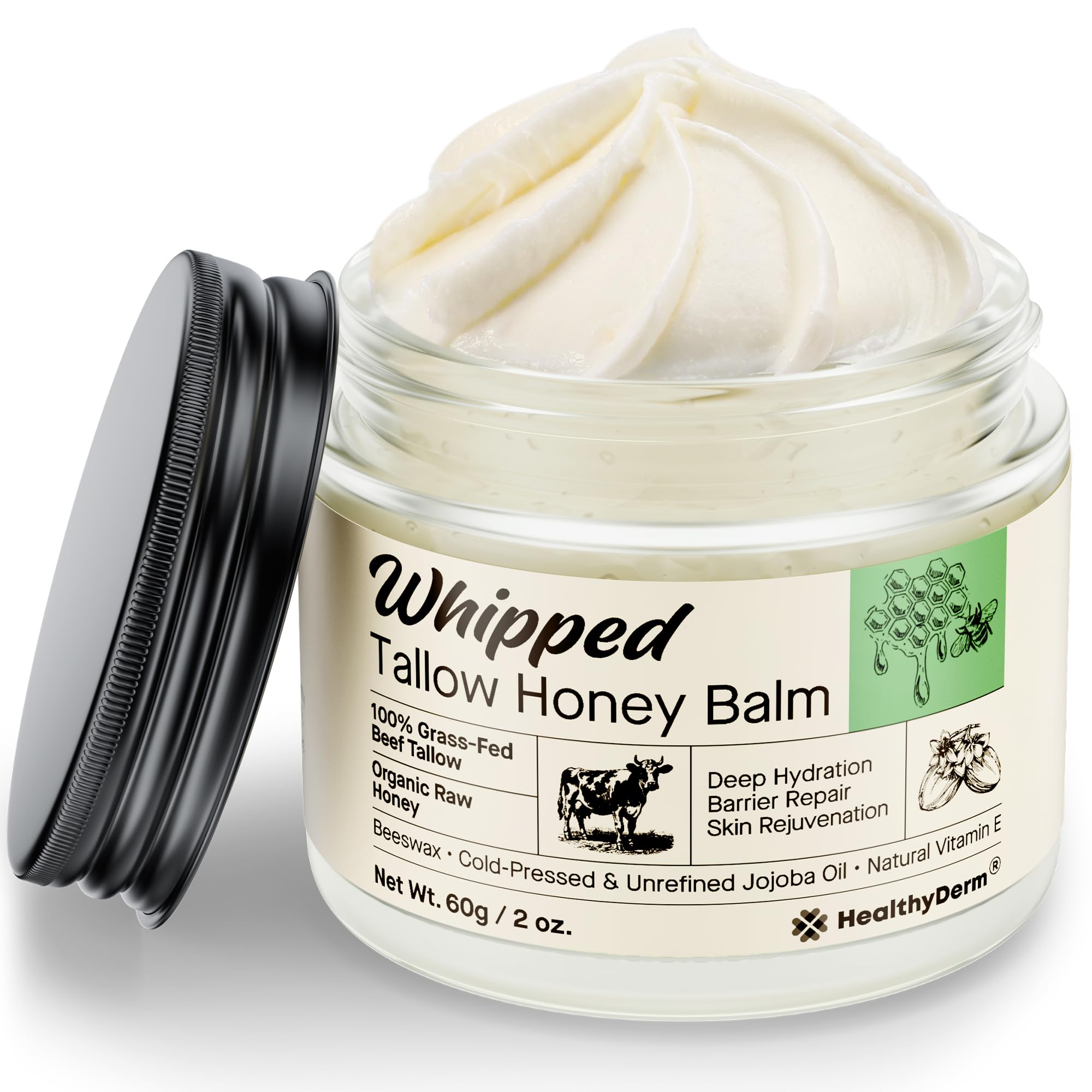HealthyDerm Beef Tallow Honey Balm – 100% Grass-Fed Whipped Moisturizer (2oz)
