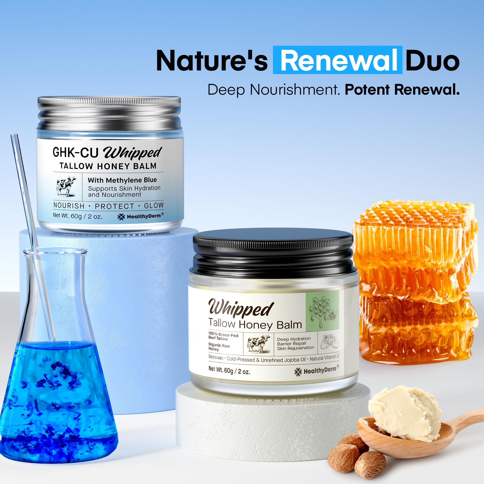 HealthyDerm Beef Tallow Balm Duo – Copper Peptide Blue Balm & Honey Tallow Moisturizer